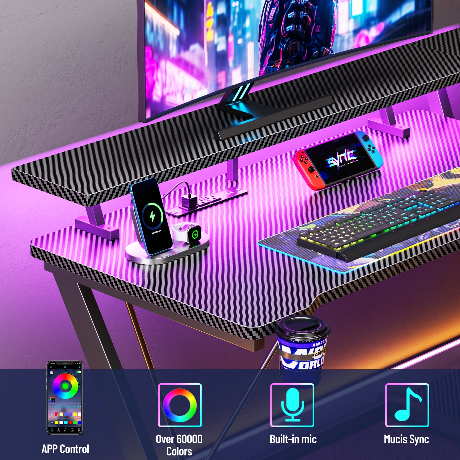 40 inch Black Gaming Desk with LED Lights Power Outlet Small Space L Shaped Computer Table with Monitor Stand 3 Tier Storage Shelves Carbon Fiber Gamer