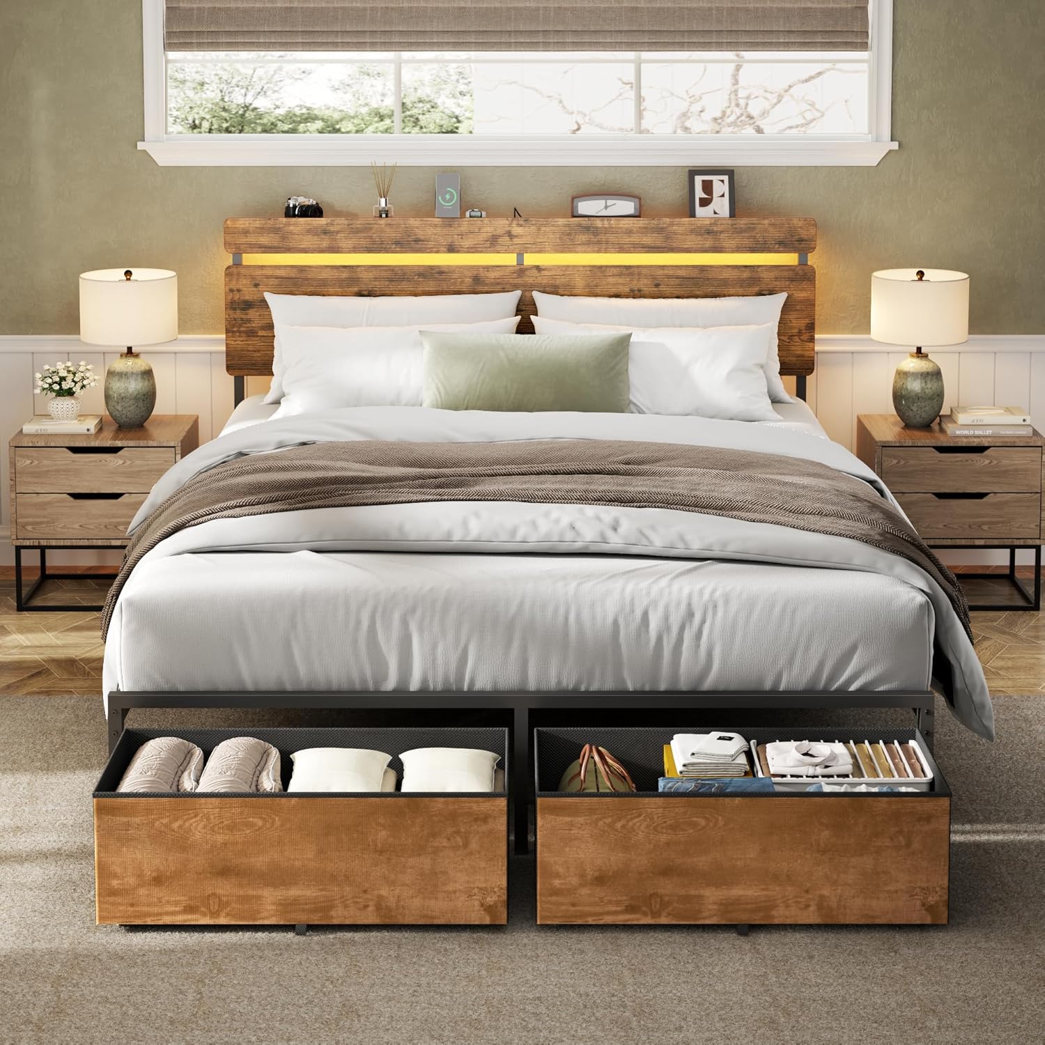 Queen Bed Frame with Wood Headboard Metal Platform Bed with 2 Storage Drawers Shelf Built-in Charging Station  LED Lights No Box Spring Needed