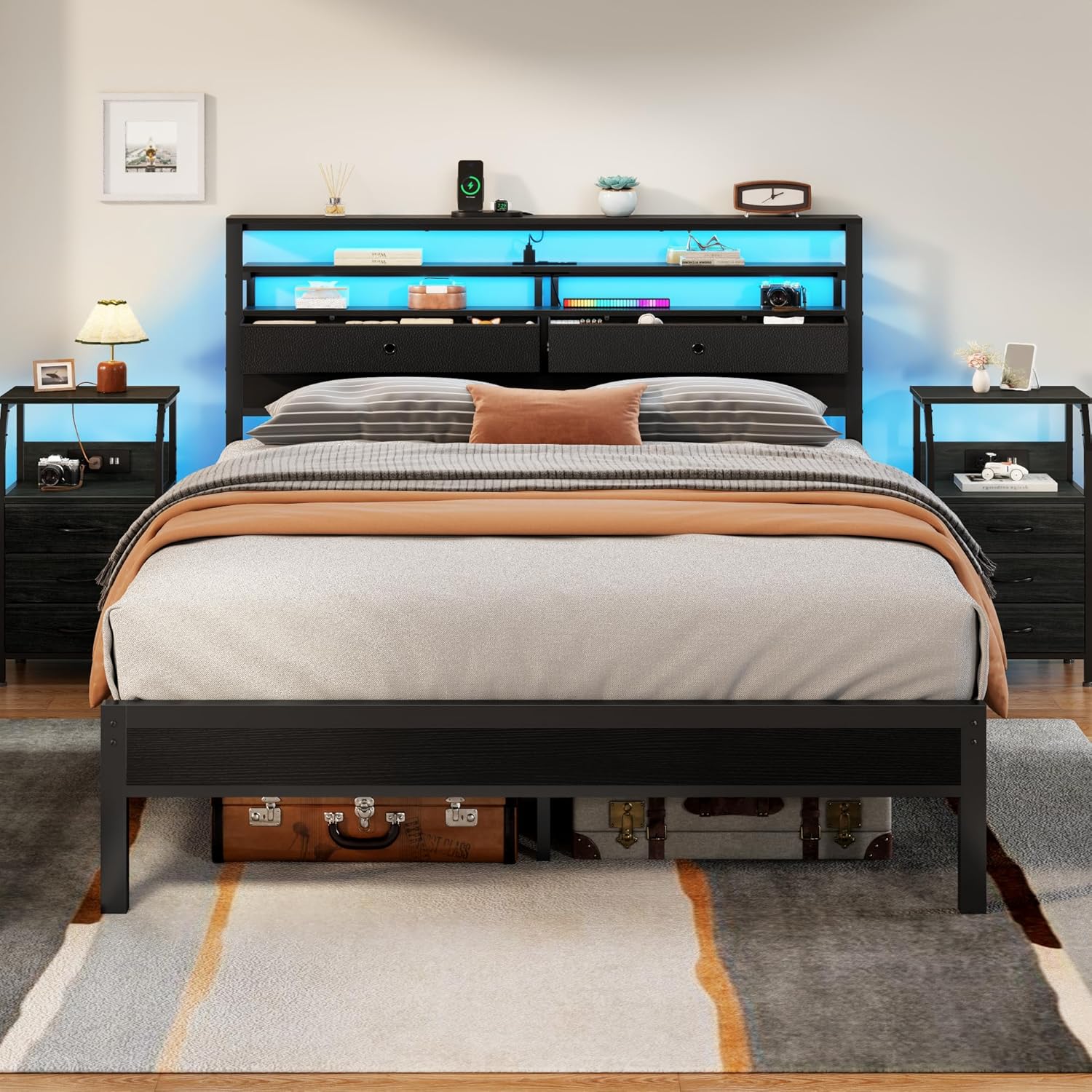 Furnulem Queen Bed Frame with Headboard  2 Fabric Drawers Bed Frame  Featuring LED Lights Built-in Charging Station  Storage  No Box Spring Needed