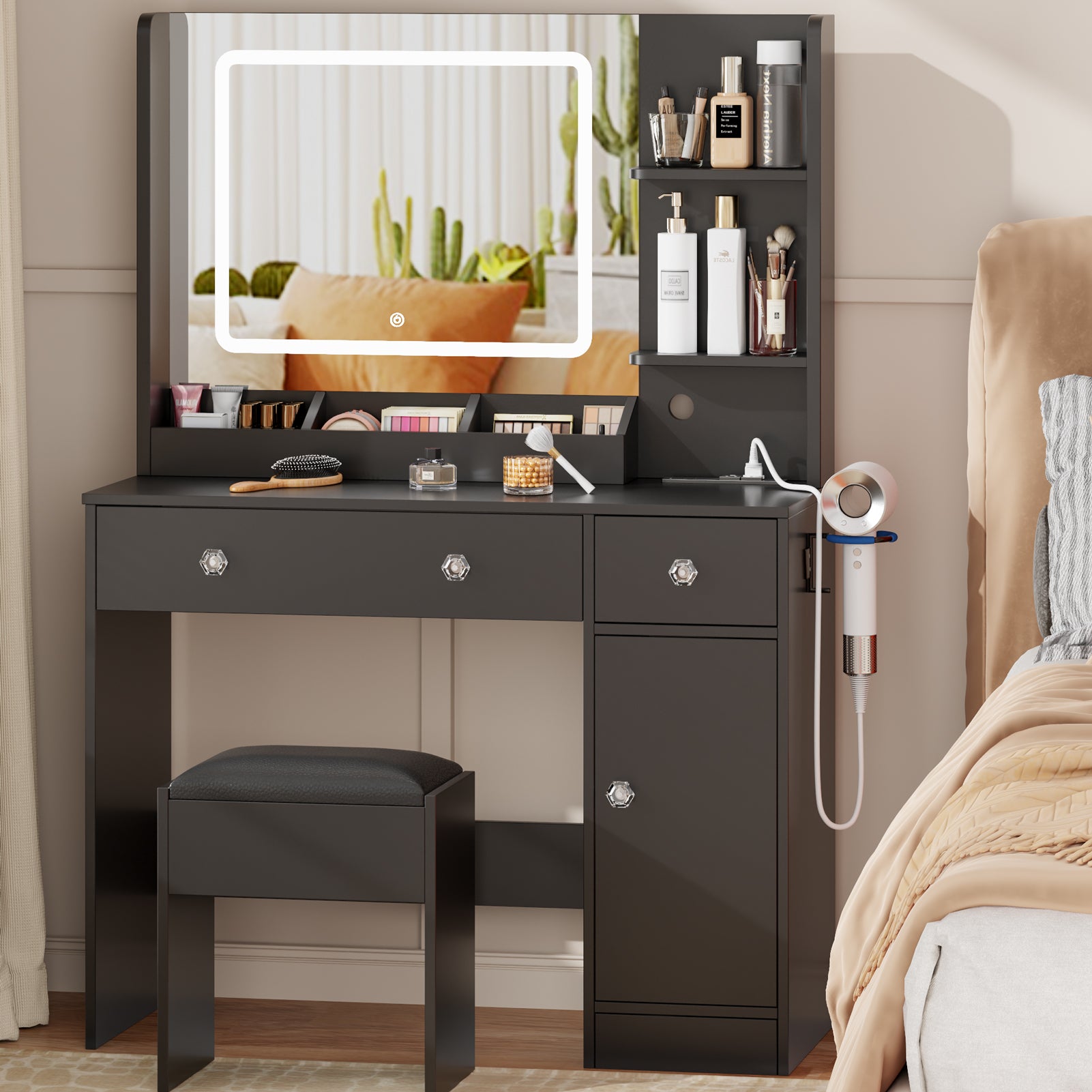 Makeup Vanity Desk with Mirror and Lights Set Black Dressing Table with Power Outlet Charging Station 3 Color Lighted Mirror Drawers Storage Cabinet