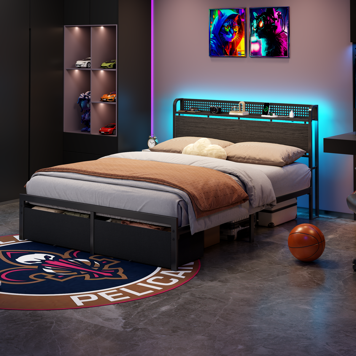 Bed Frame with 2 Storage Drawers Bookcase Headboard Charging Station