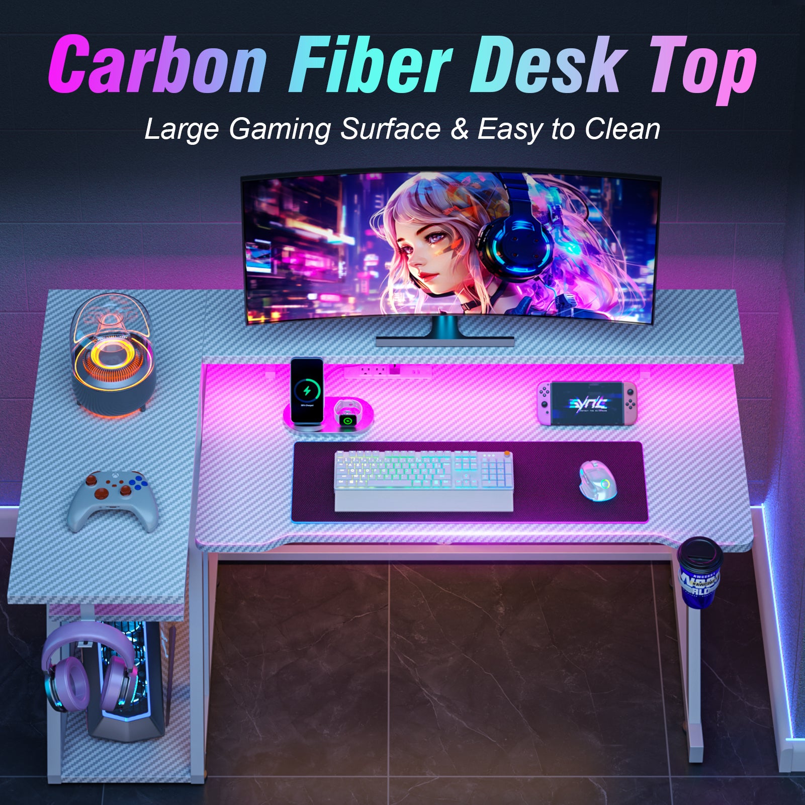 40 inch L Shaped Gaming Desk with LED Lights and Power Outlet Corner Computer Desk for Small Space with Monitor Stand 3 Tier Storage Shelves White