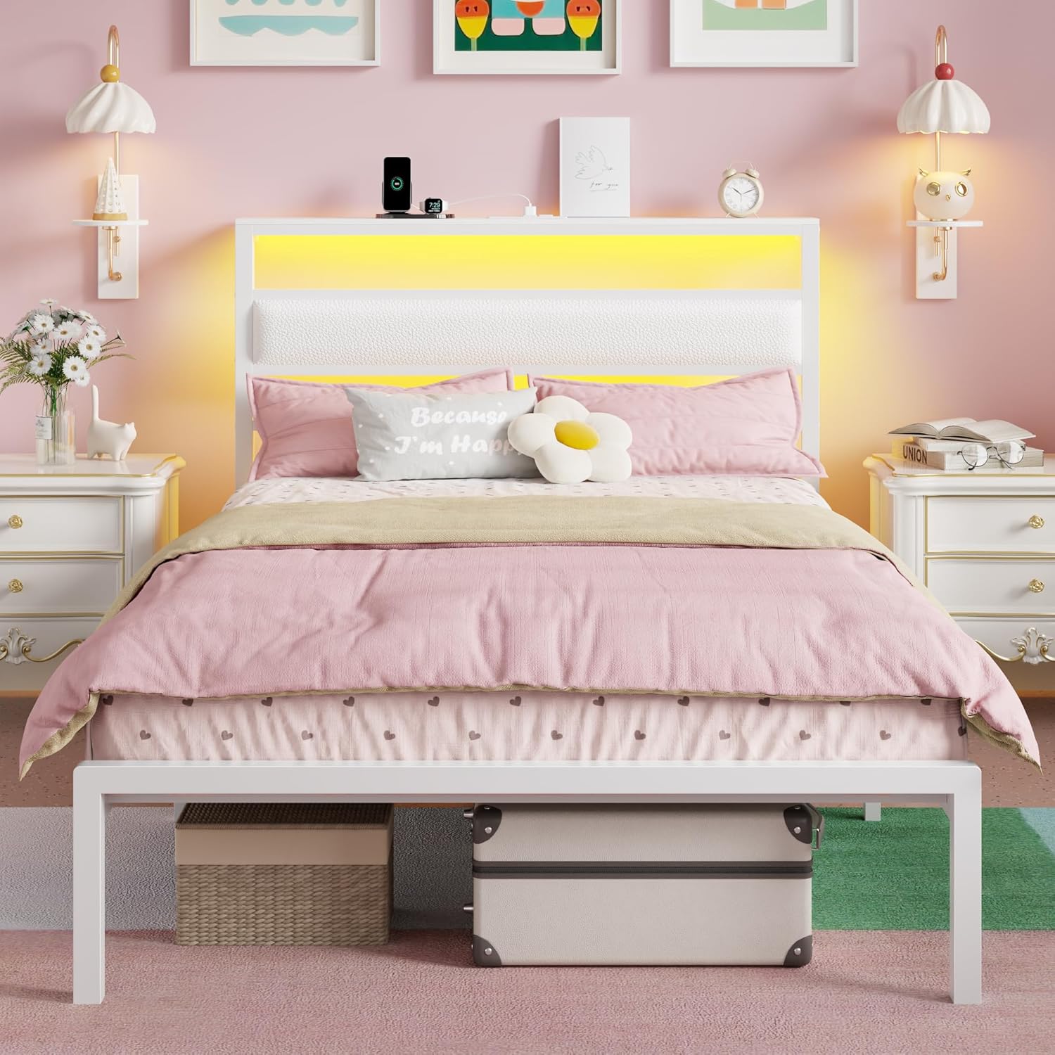 Qwatto Twin Size Bed Frame Kids White Leather Upholstered Bed LED Lights Charging Station Storage Headboard Metal Platform Bed Frames No Box Springs