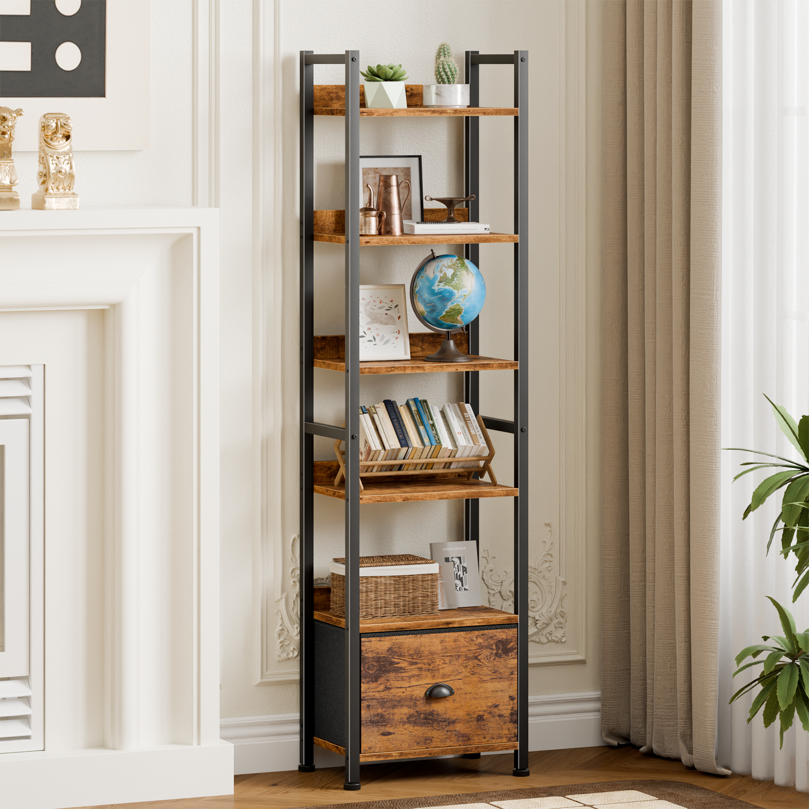 Qwatto Brown 6 Tier Bookshelf with Drawer Tall Industrial Wood Metal Freestanding Storage Display Shelves Etagere Bookcase Organizer for Home Office