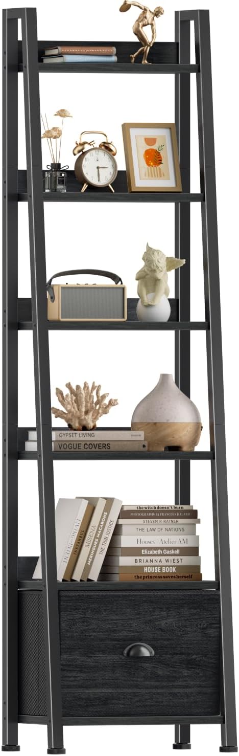 Qwatto Black 6 Tier Ladder Bookshelf with Drawer Tall Industrial Wood Metal Freestanding Storage Rack Etagere Display Bookcase for Home Office Rooms
