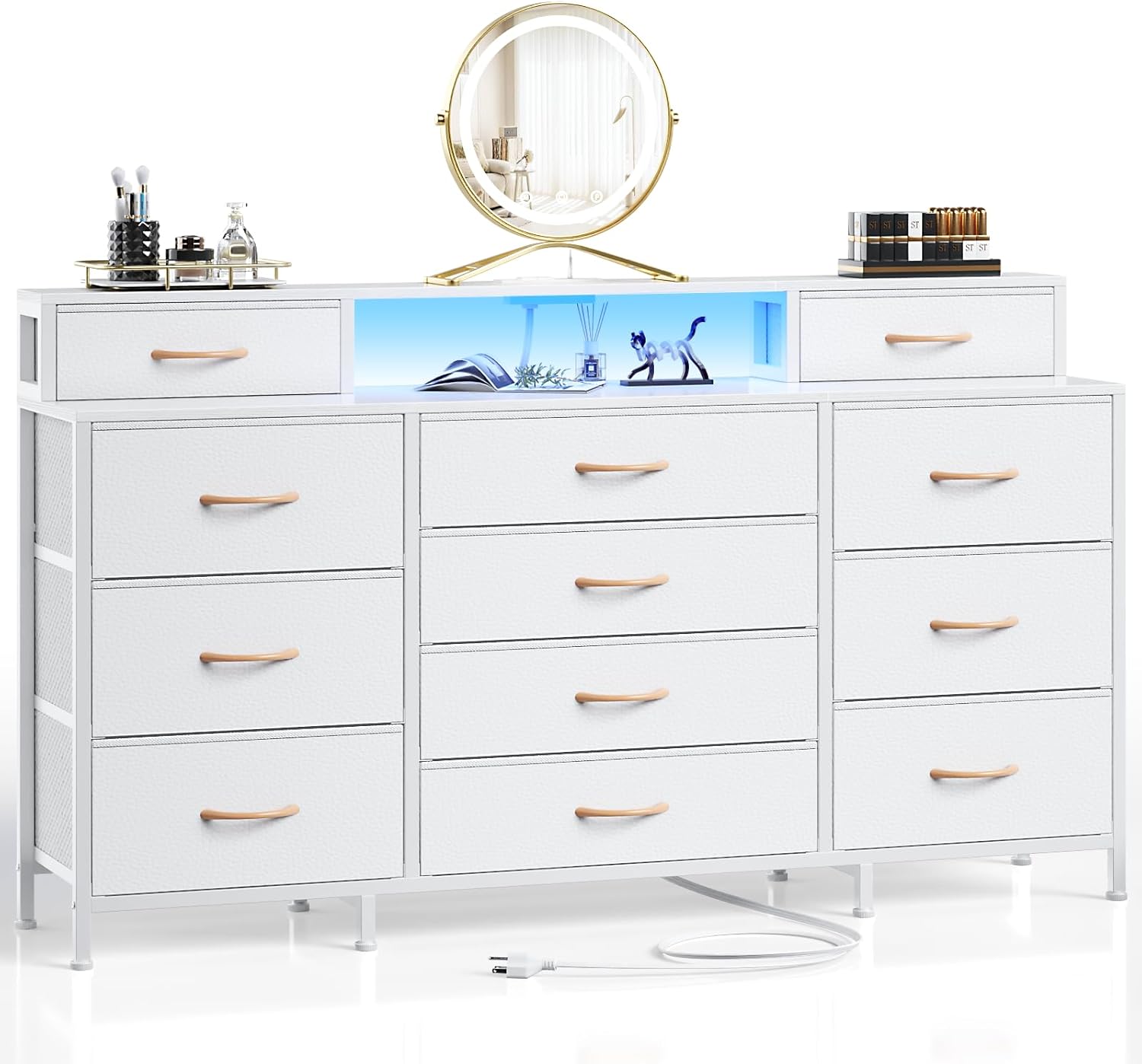 Furnulem 63" Dresser with LED & Outlets – 12 Drawers & 2 Shelves