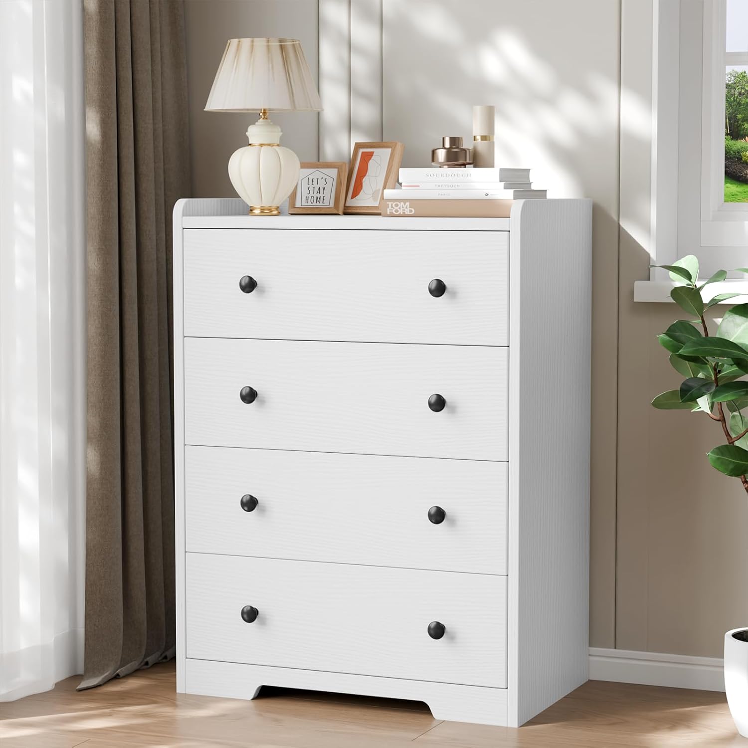 Furnulem White 4-Drawer Dresser – Wood Storage Chest for Bedroom, Living Room, or Hallway