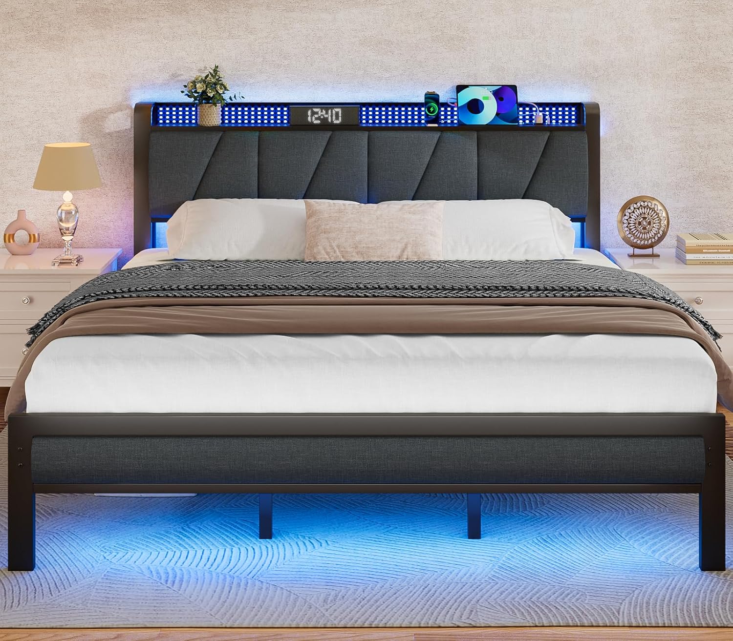 Furnulem King Bed Frame with Headboard and LED Light Upholstered Platform with Power Outlet and USB Port Bed with Metal Support and Footboard