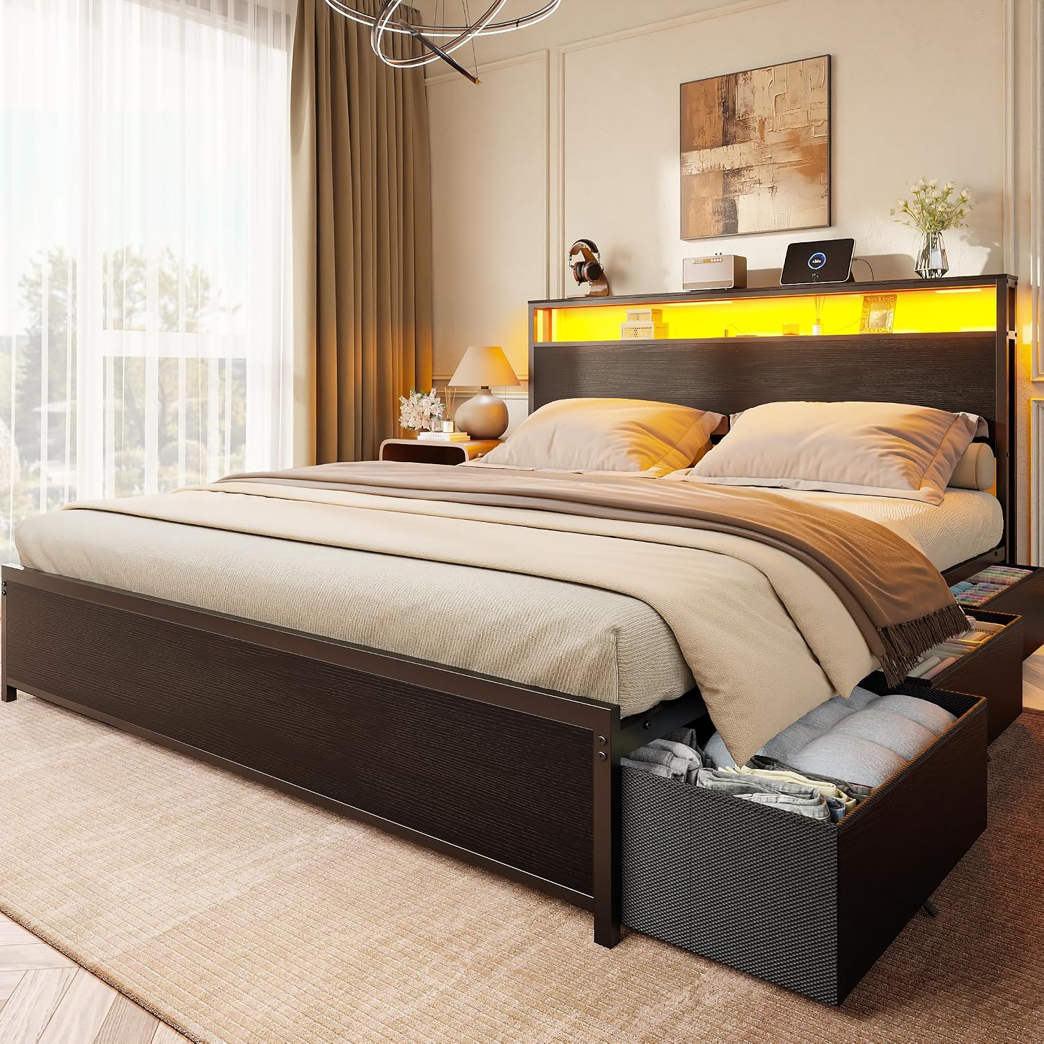 Qwatto Queen Bed Frame 6 Drawers Storage Headboard LED Lights Charging Station Metal Platform Bed Black No Box Spring Needed Noise Free 2 Tier USB Shelf