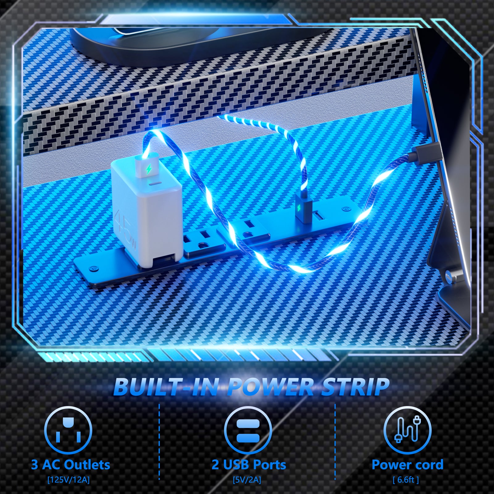 40 inch Black Gaming Desk with LED Lights Power Outlet Small Space L Shaped Computer Table with Monitor Stand 3 Tier Storage Shelves Carbon Fiber Gamer