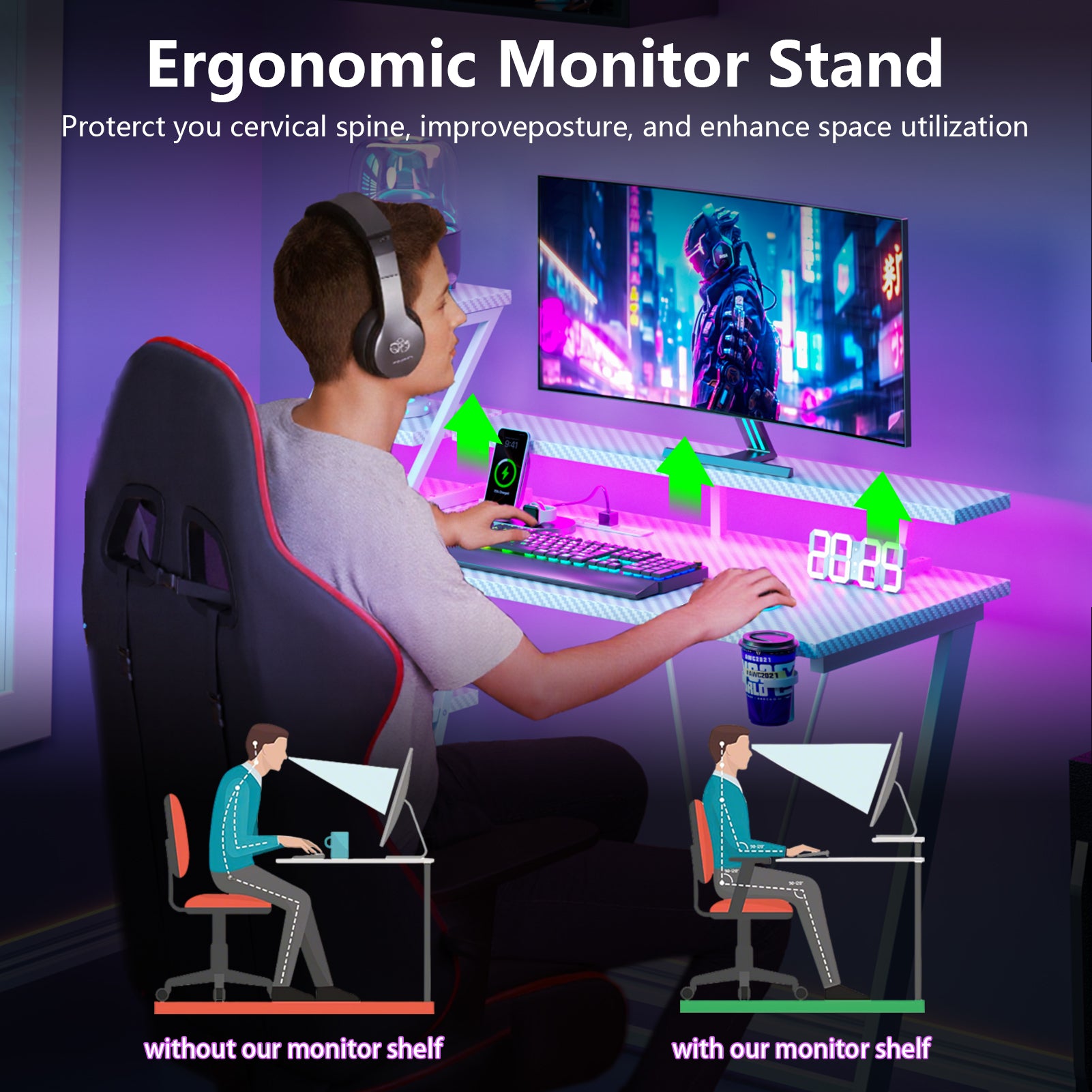 39 inch L Shaped Gaming Desk with LED Lights and Power Outlet White Small Spaces Corner Computer Table with Monitor Stand Storage Shelves Gamer Desk