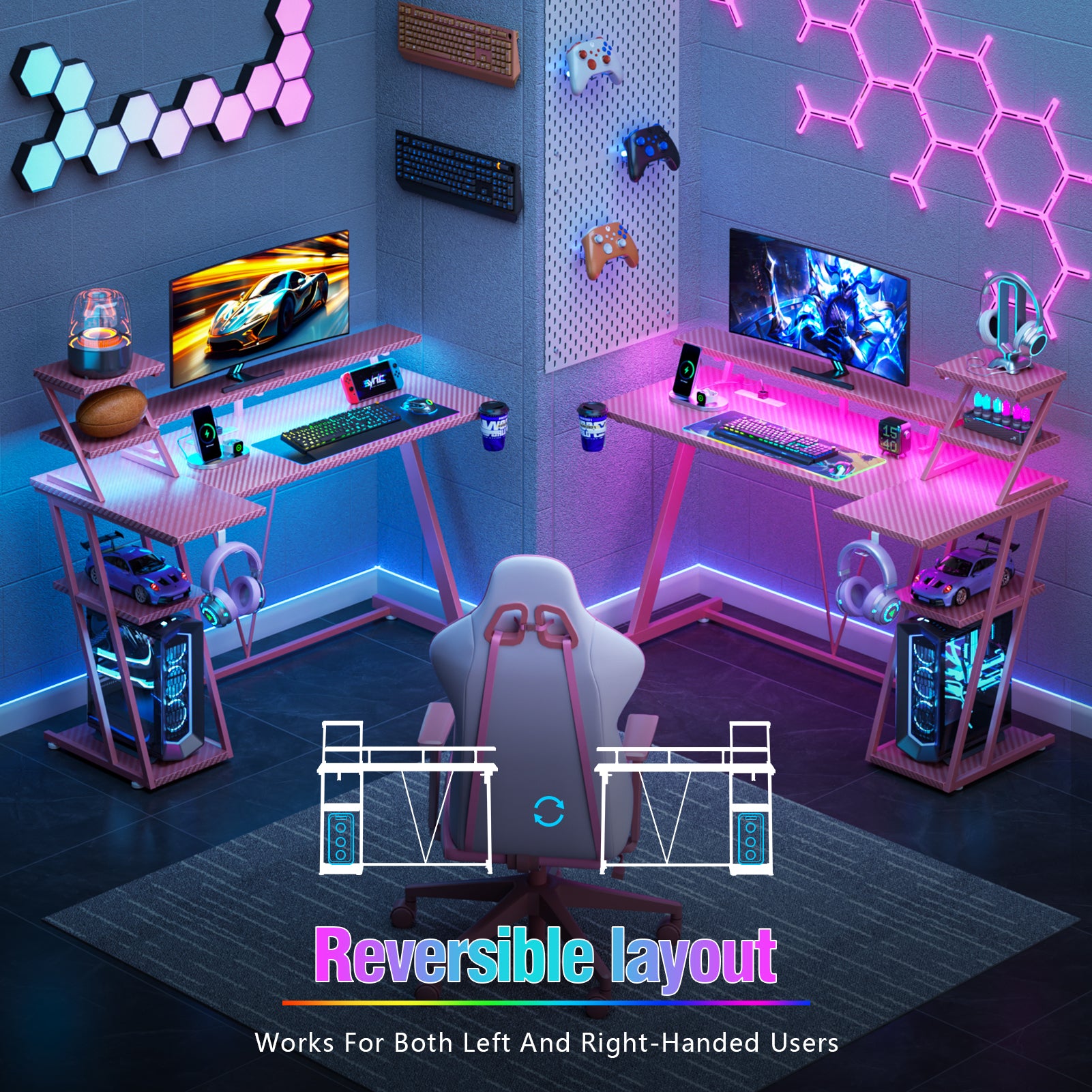 47 inch L Shaped Gaming Desk Pink Small Spaces Corner Computer Table with Monitor Stand Storage Shelves Gamer Desk Carbon Fiber Sturdy PC Room Desk