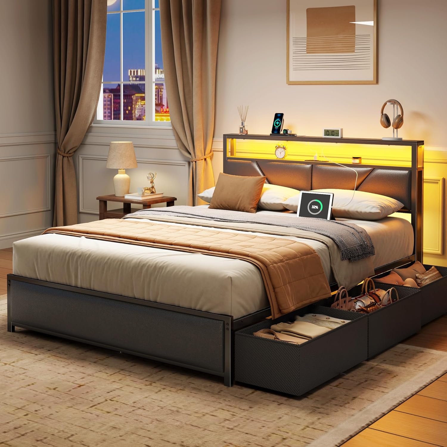 Queen Size Bed Frame with Storage Headboard and 6 Drawers Metal Platform Bed Frame  with Charging Station and LED Lights PU Leather Upholstered