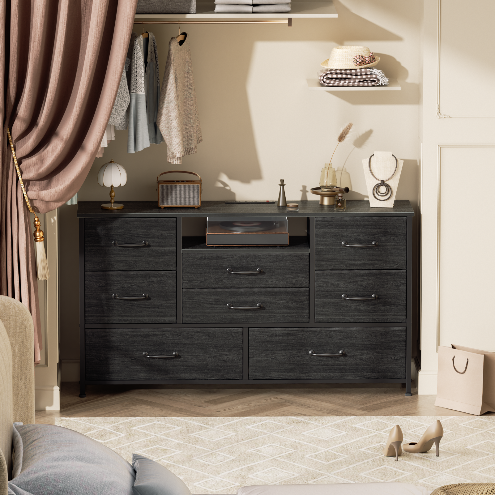 Modern 8 Drawer Dresser with Charging Station Wide Fabric Storage Chest of Drawers Open Shelf Organizer Unit Black Frame Bedroom Living Room