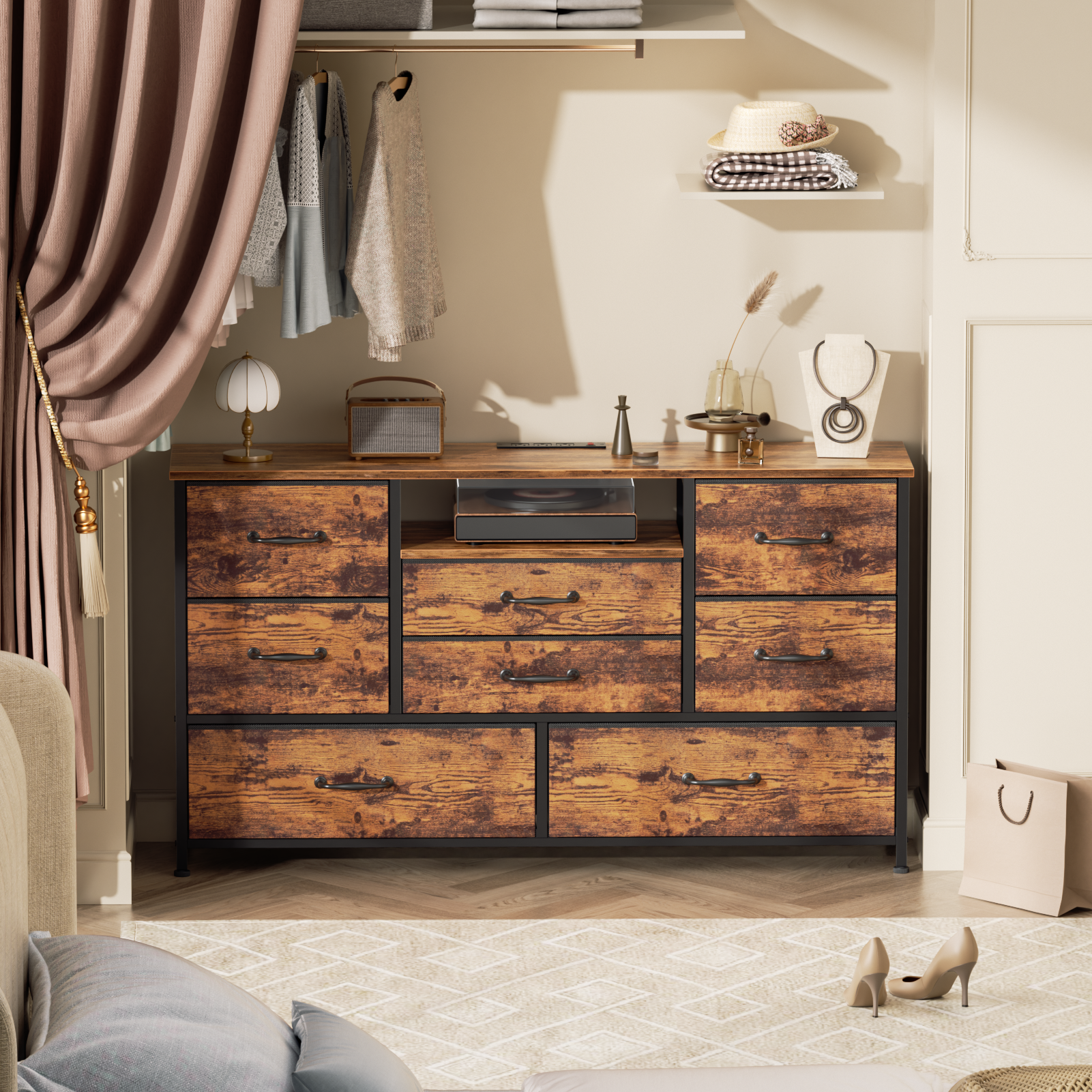 Wide Rustic Brown 8 Drawer Dresser with Power Outlets Fabric Storage Chest of Drawers Open Shelf Organizer Unit Bedroom Living Room