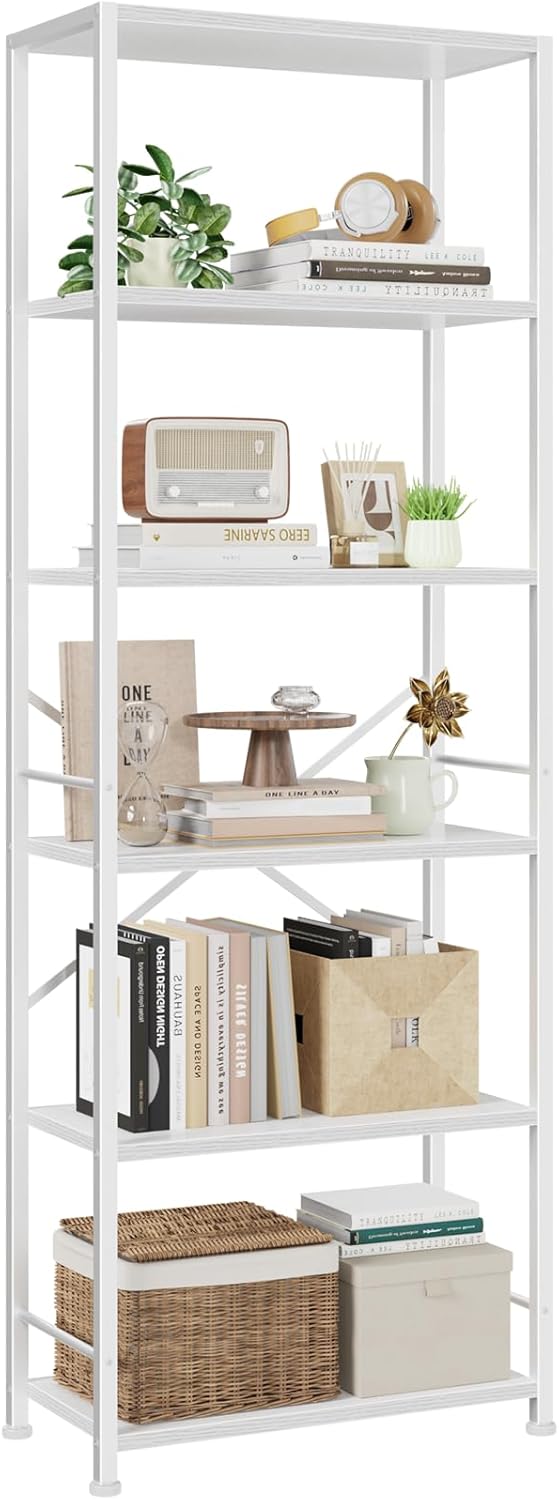 Qwatto 6 Tier Bookshelf Tall Wide Wood and Metal Open Bookcase Modern Storage Organizer Display Shelving Unit White Furniture Living Room Home Office