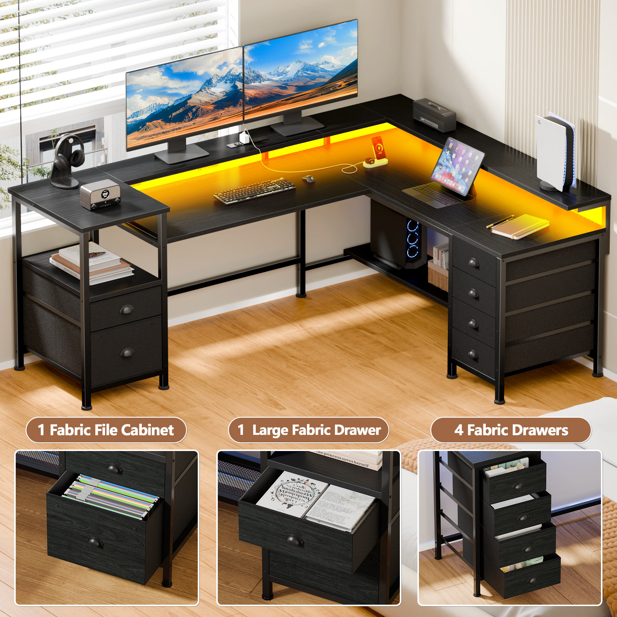 66 Inch Black L Shaped Gaming Desk with Charging Station Reversible Corner Computer Desk LED Lights 6 Drawers Monitor Stand Printer Shelf Storage