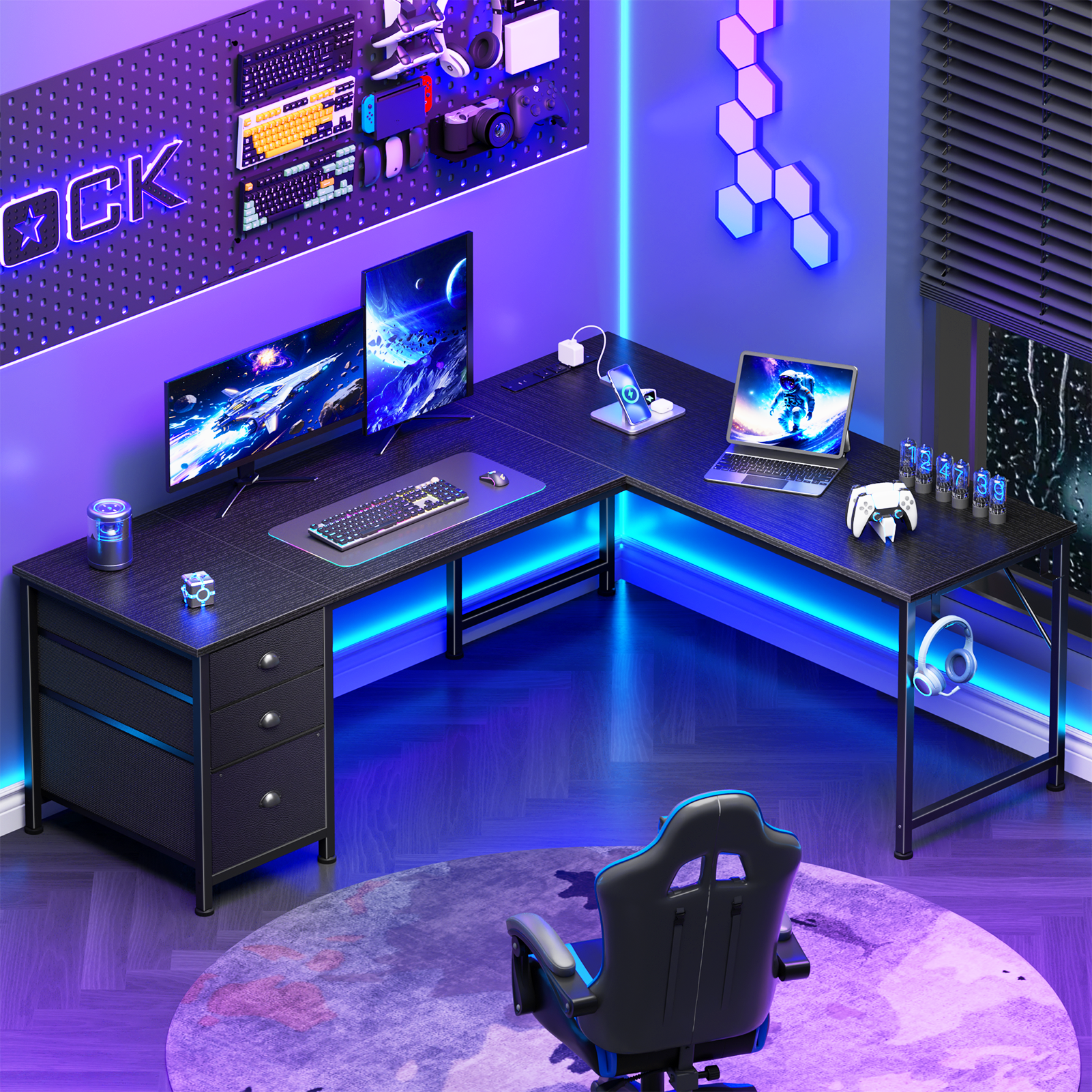 Qwatto 63 Inch L Shaped Gaming Desk Black Computer Corner Table with Power Outlets USB C Ports File Fabric Drawers Large Storage for Writing Bedrooms