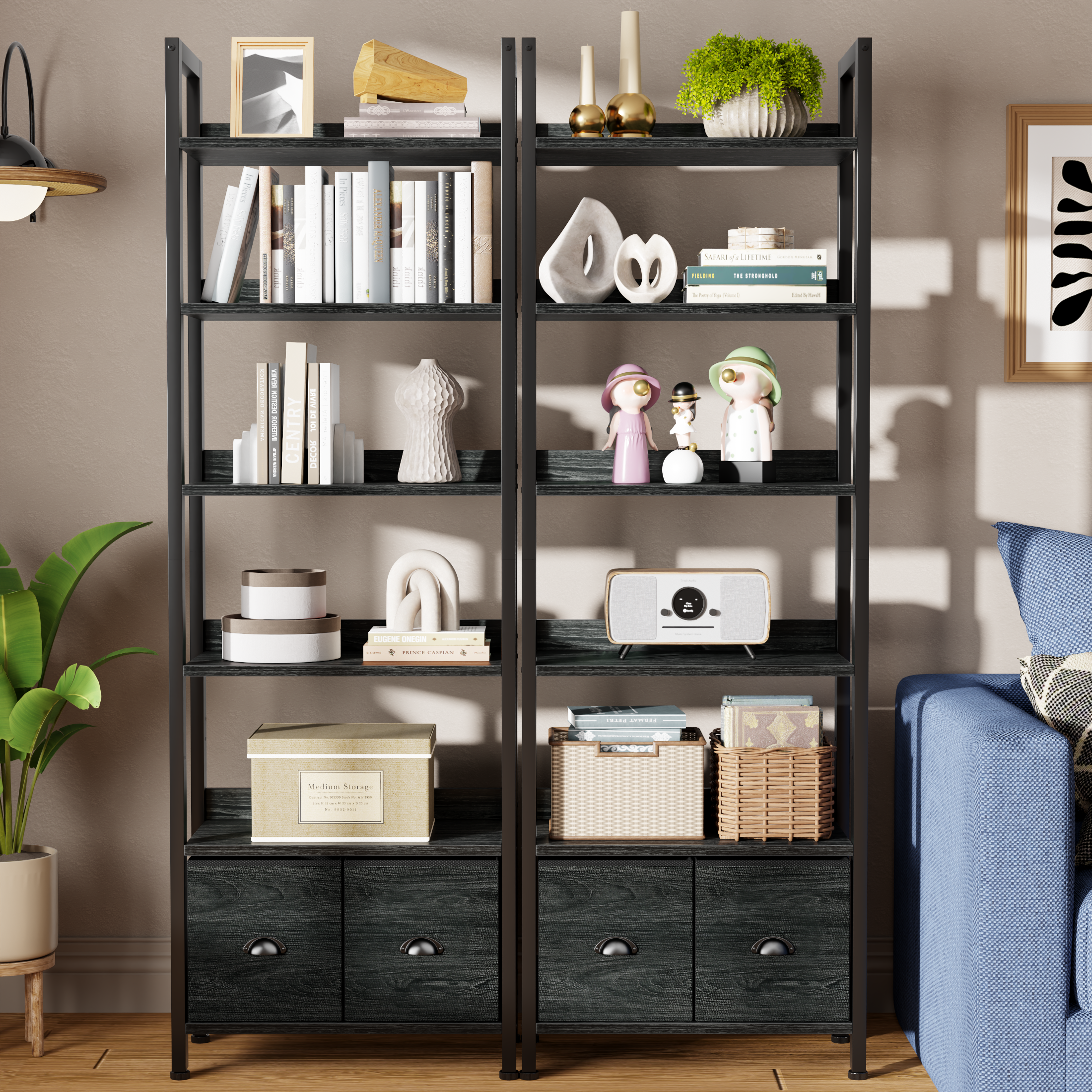 6 Tier Industrial Tall Bookcase with Two Storage Drawers Wood Metal Freestanding Bookshelf Display Organizer Shelf for Home Office Bedroom Black Oak