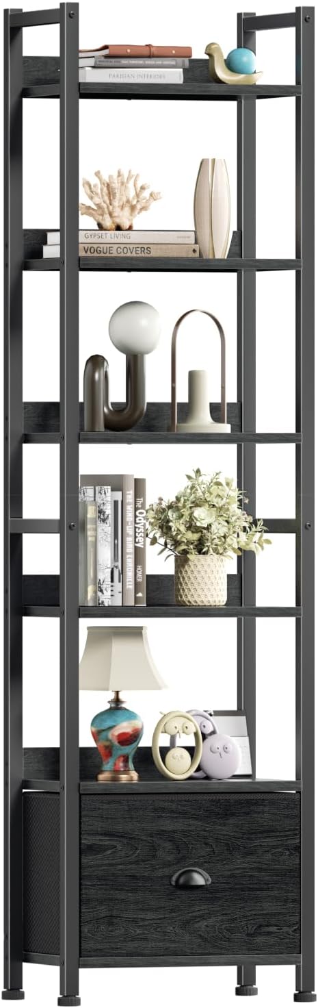 Qwatto Black 6 Tier Bookshelf with Drawer Tall Industrial Wood Metal Freestanding Storage Display Shelves Etagere Bookcase Organizer for Home Office
