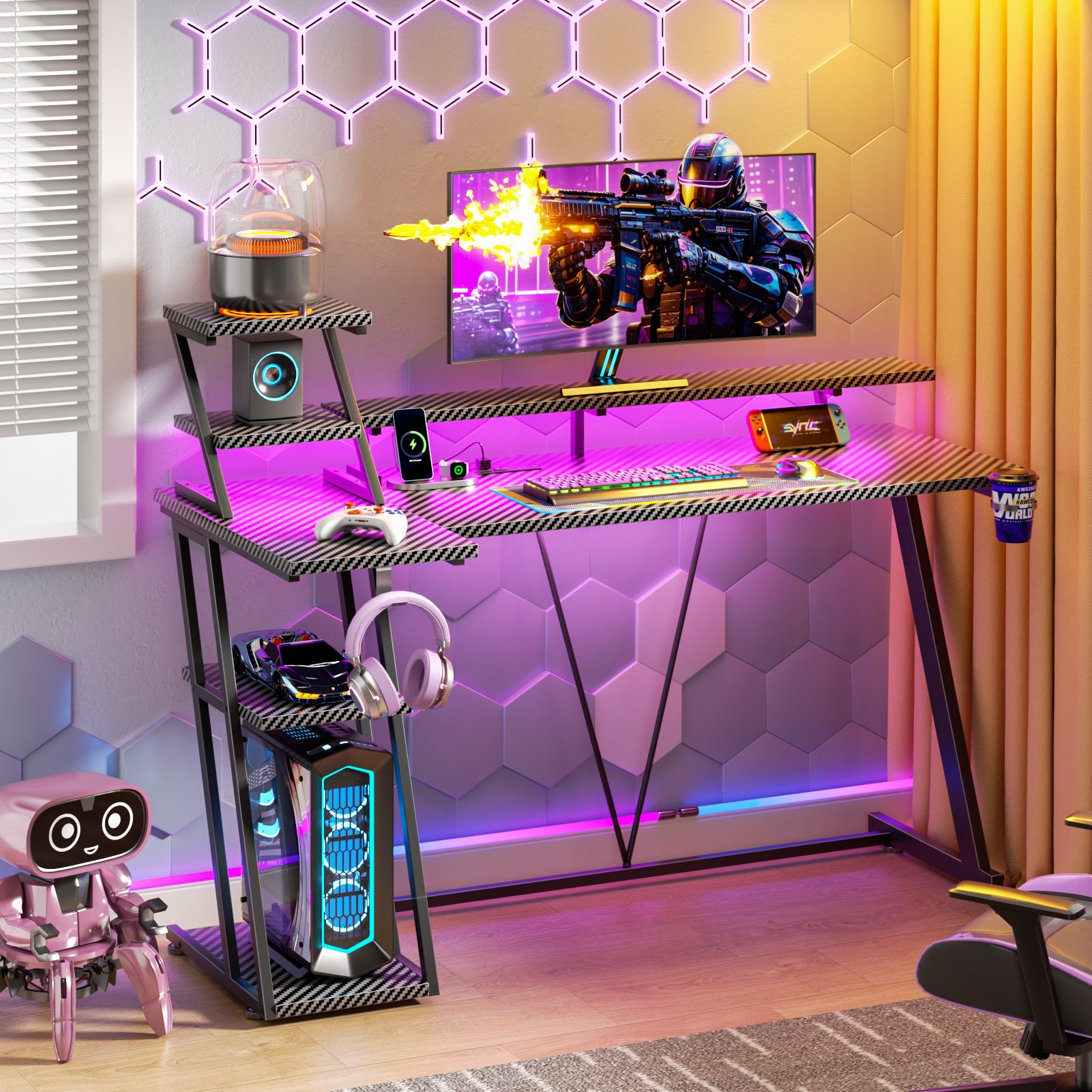 55 Inch Black Gaming Desk L-Shaped Computer Desk with Shelves and Monitor Stand Gamer Workstation for Small Room Home Office PC Setup Sturdy Desk