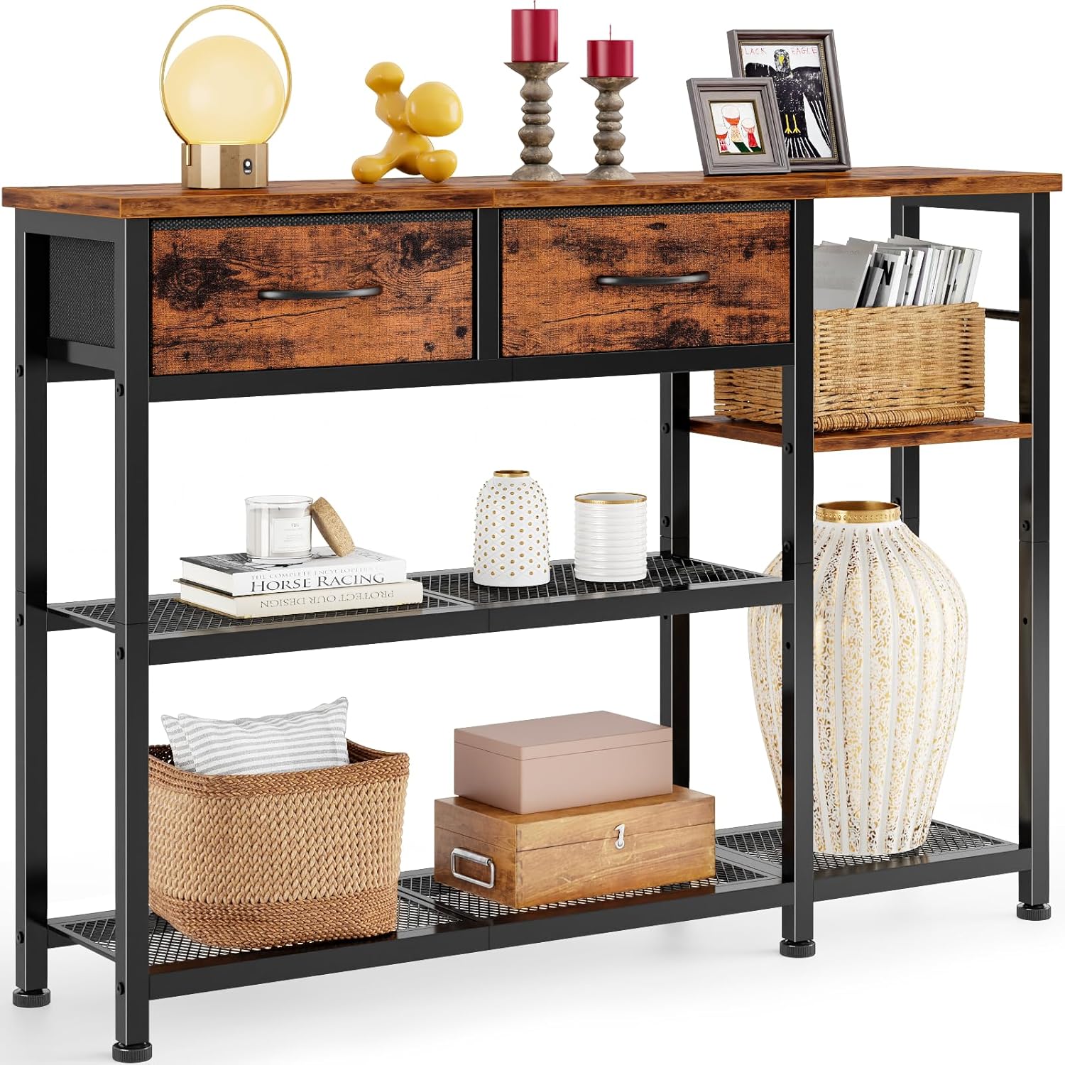 Furnulem 44'' Industrial Entryway Table with Drawers & Shoe Rack, Rustic Console Table with Mesh Shelf
