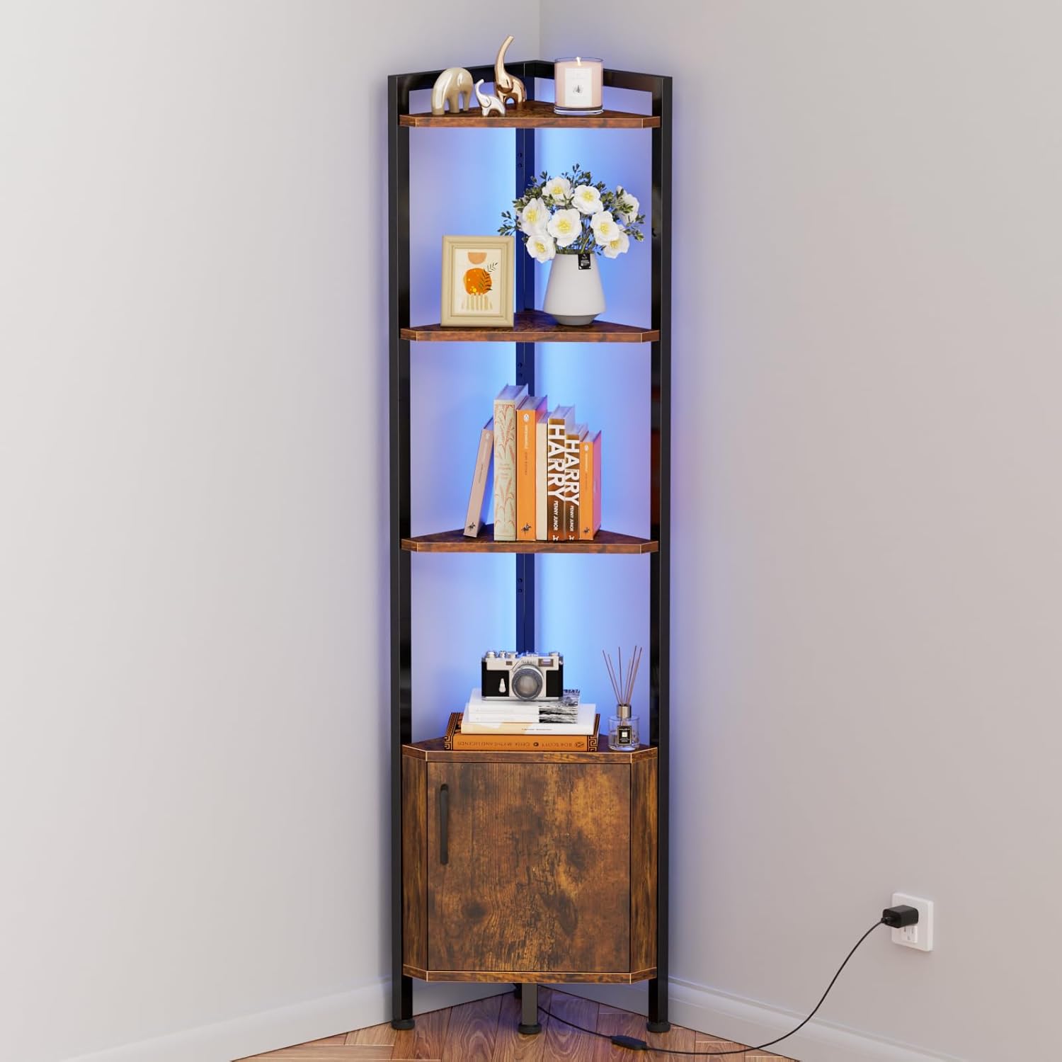 Furnulem 5-Tier Corner Shelf with LED Light, Standing Display Bookshelf with Storage for Bedroom, Living Room, Kitchen