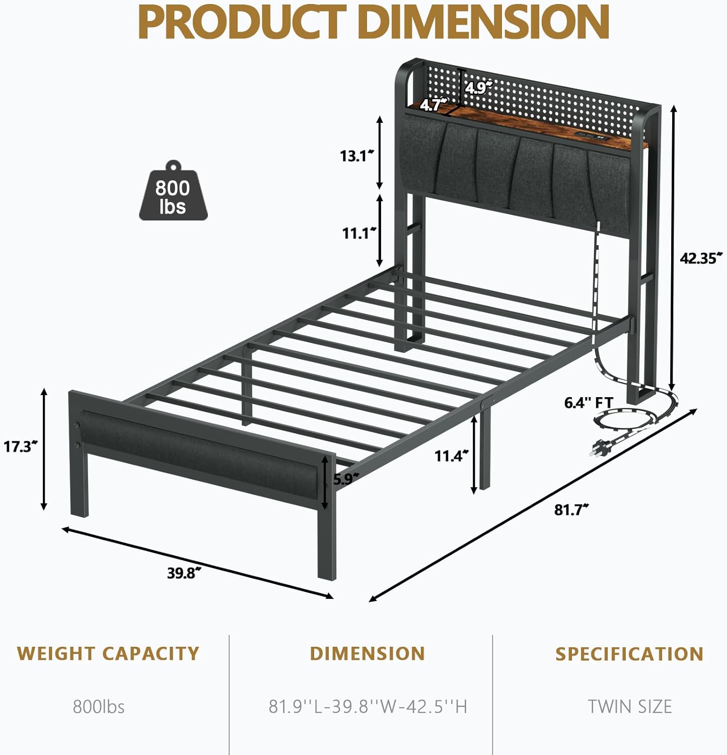 Furnulem LED Bed Frame with Upholstered Headboard and Charging Station