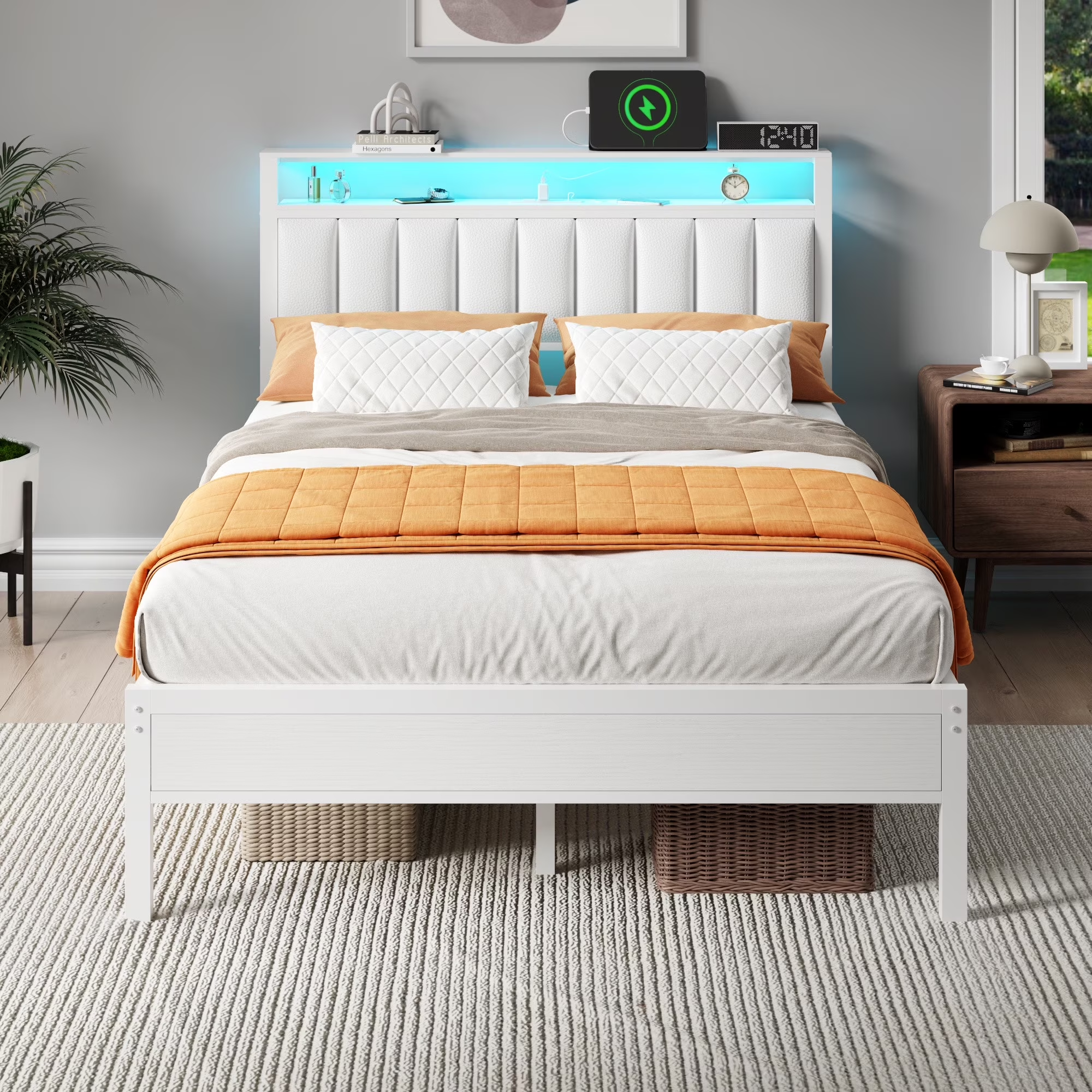 Full Size Bed Frames with LED Lights Charging Station Platform Bed with Metal Slats Headboard with 2-Tier Storage Shelves No Box Spring Needed White