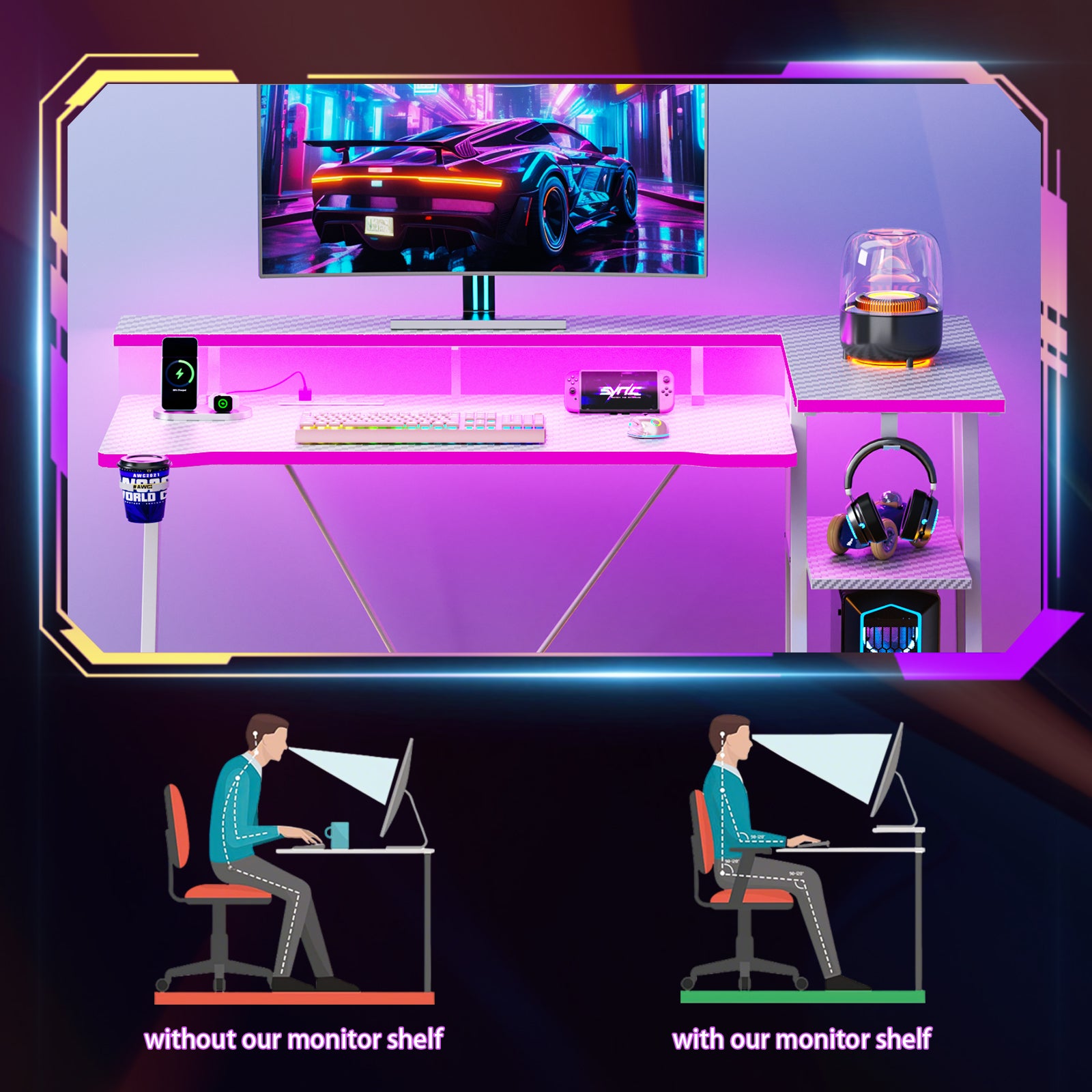 47 inch White Gaming Desk L Shaped Corner Computer Table with Monitor Stand 3 Tier Storage Shelves Bedroom Study Home Office PC Setup Sturdy Work Desk