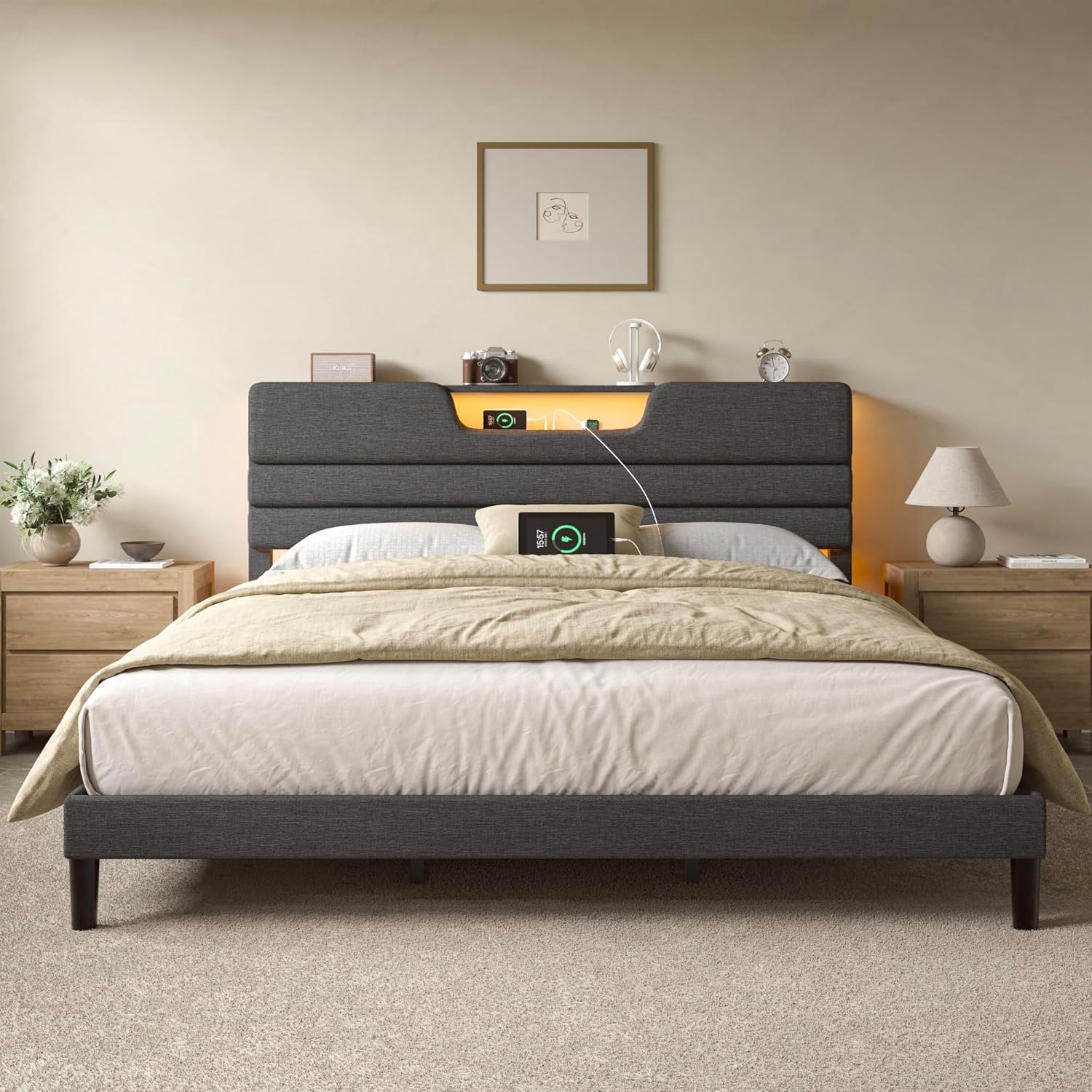 Furnulem Queen/King Size Bed Frames with Upholstered Headboard, Modern Platform Bed with Charging Station and Led Lights, Bed Frame with Sturdy Wooden Slats