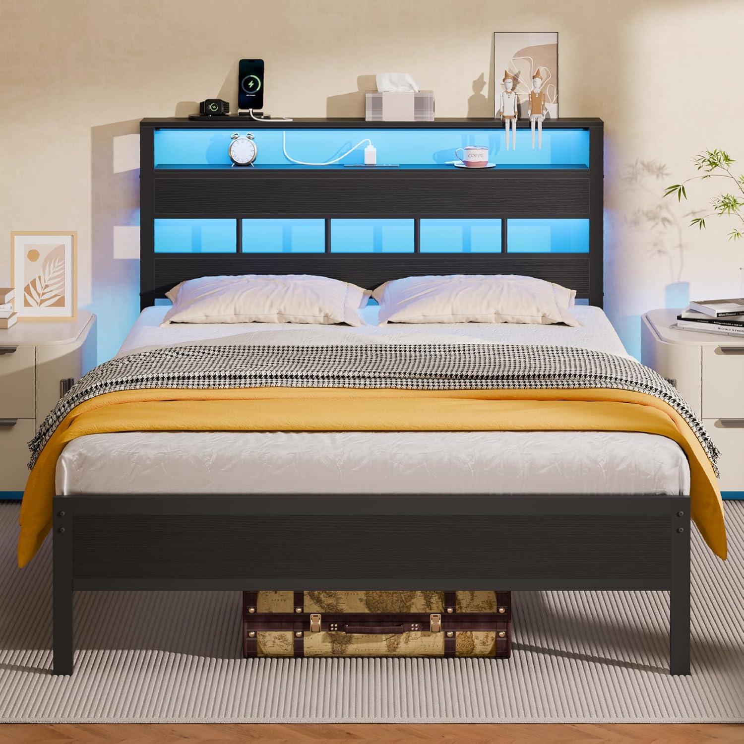 Furnulem Full Size Bed Frame with LED Light and Charging Station Wood Storage Headboard with 2-Tier Shelves Metal Platform Bed with Heavy Duty Slats