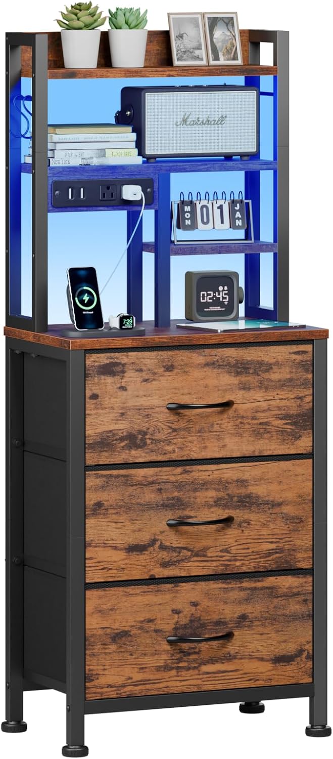 Qwatto 45.3in Tall Bedside Table with USB Charging Station and Light 3 Fabric Drawer Nightstand Bookshelf for Small Space Bedroom Dorm Brown Finish