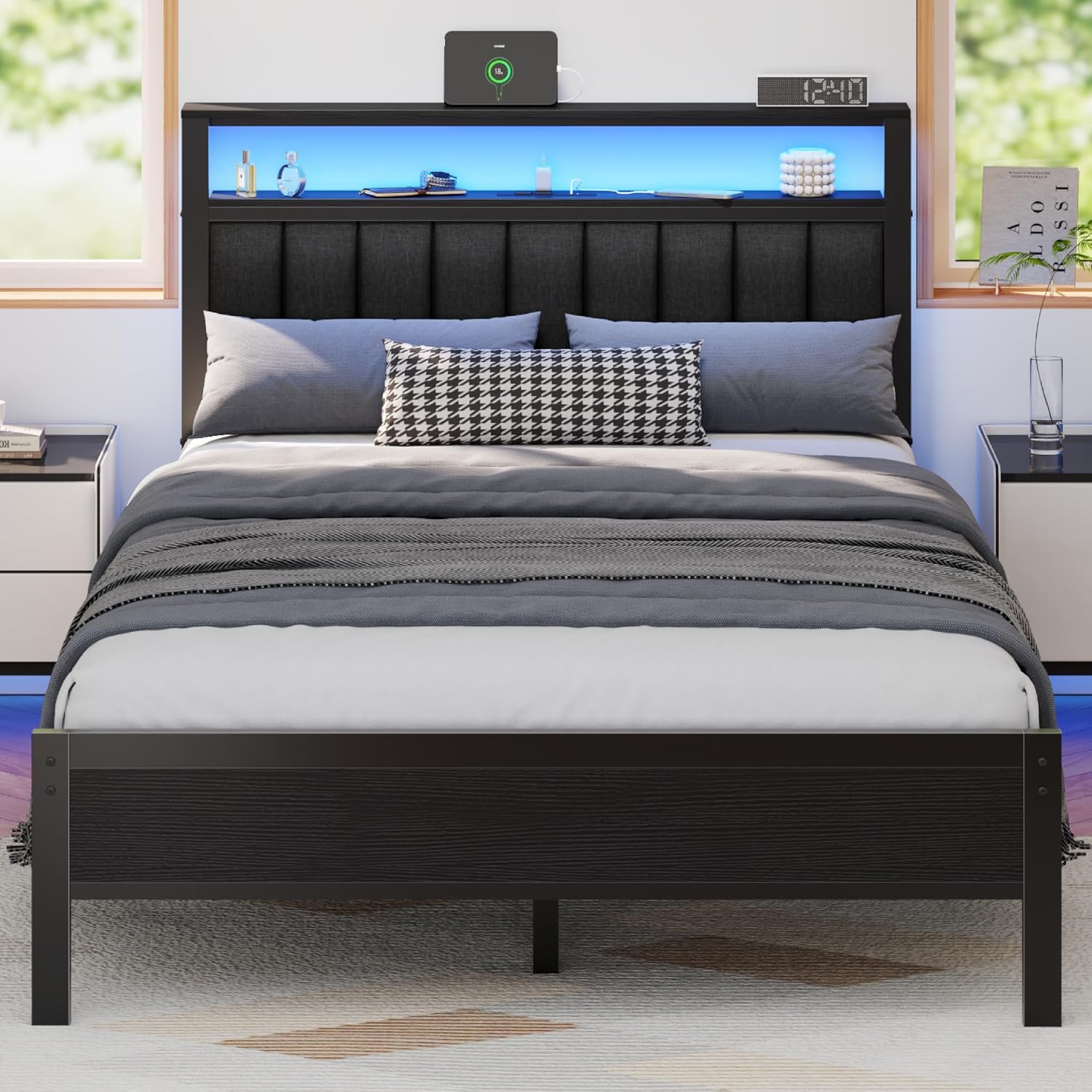 Furnulem Full Size Bed Frame with Charging Station and LED Lights Platform Bed with Metal Slats Grey Upholstered Headboard with 2-Tier Storage Shelves No Box Spring Needed