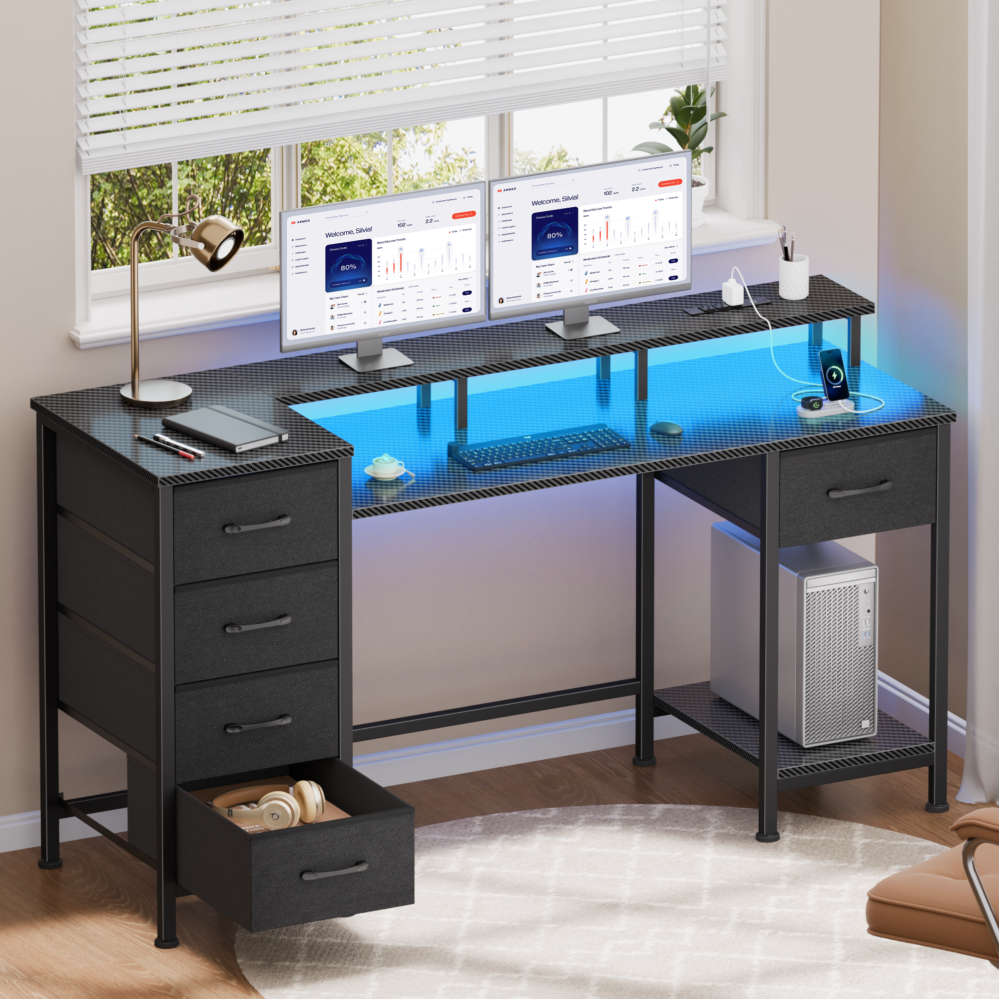 47 Inch Carbon Fiber Black Gaming Desk with Charging Station LED Lights Reversible Computer Desk 5 Fabric Drawers Home Office Writing Study Table