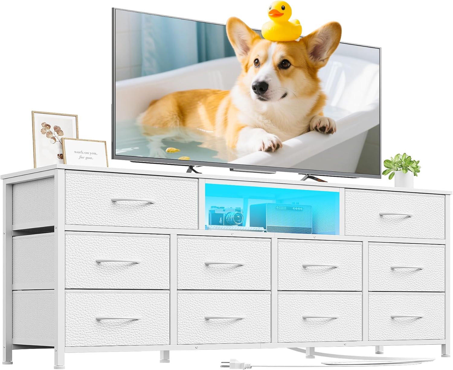 Furnulem 55” Long Dresser for Bedroom TV Stand for 55” to 65” TV White Dresser with 10 Fabric Drawers Entertainment Center with Power Outlet LED Light