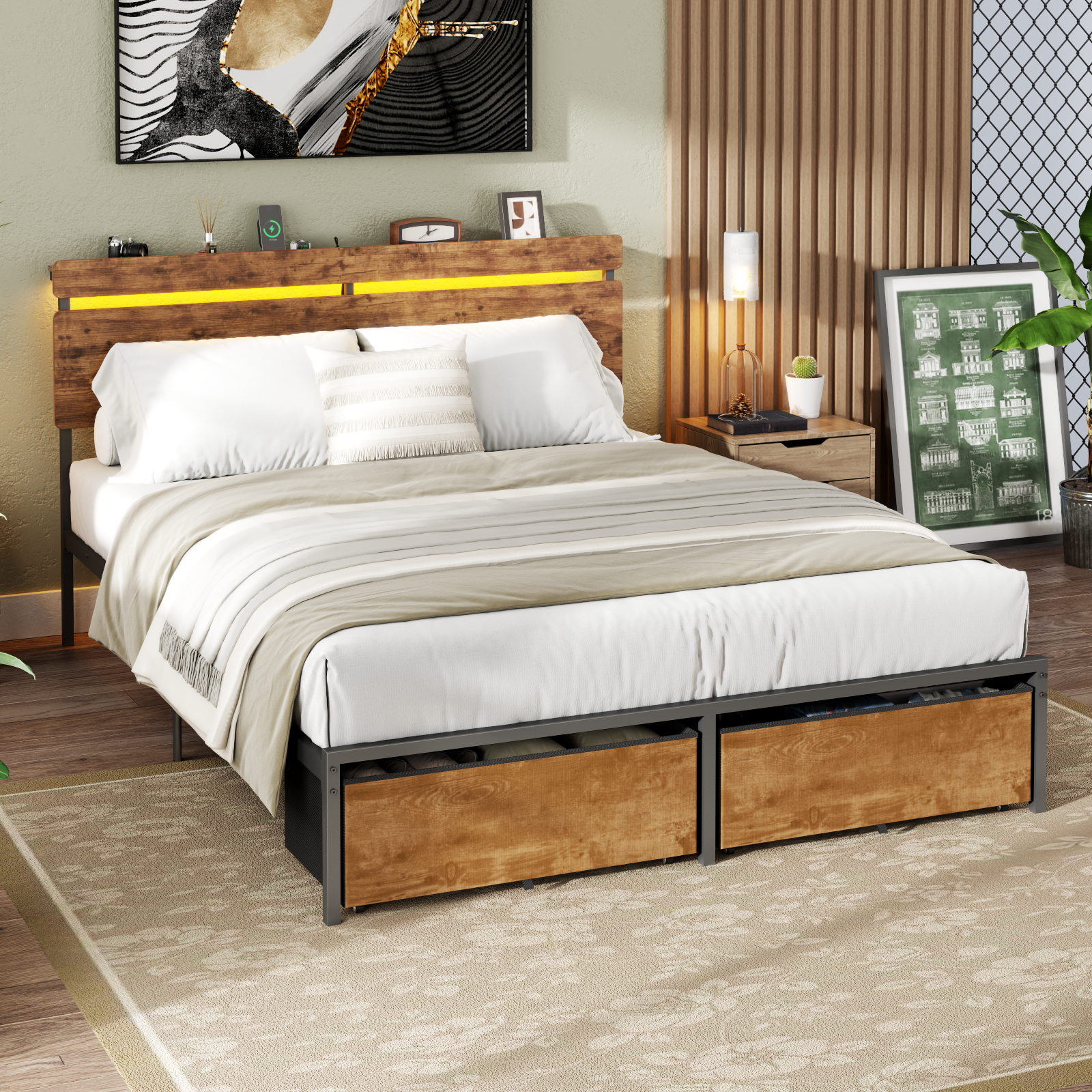 Queen Bed Frame with Wood Headboard Metal Platform Bed with 2 Storage Drawers Shelf Built-in Charging Station  LED Lights No Box Spring Needed