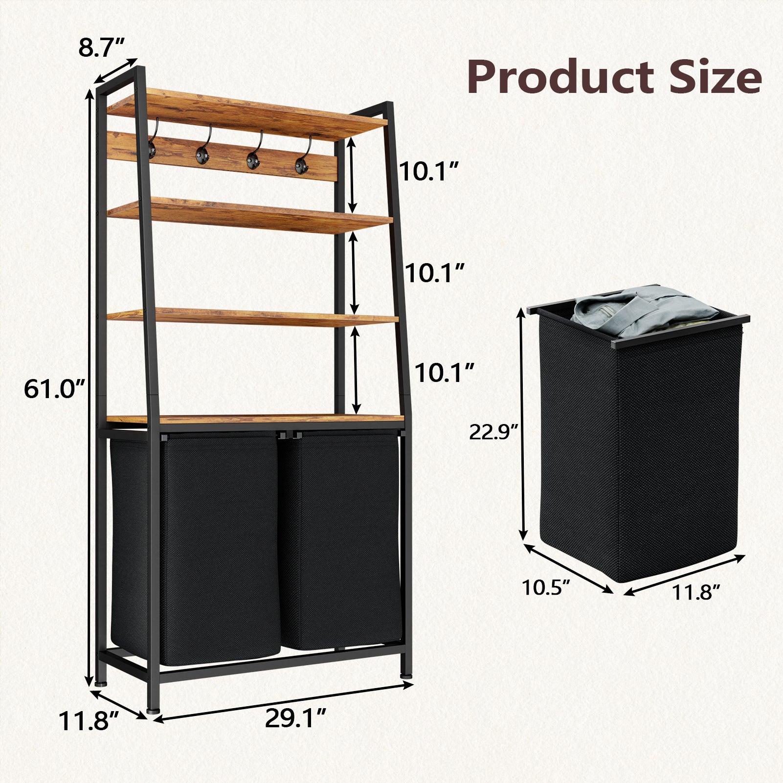 Double Laundry Hamper with Shelf 4 Tier Tall Laundry Basket Sorter with Two Removable Bags Clothing Storage Organizer and Hooks for Bathroom Bedroom
