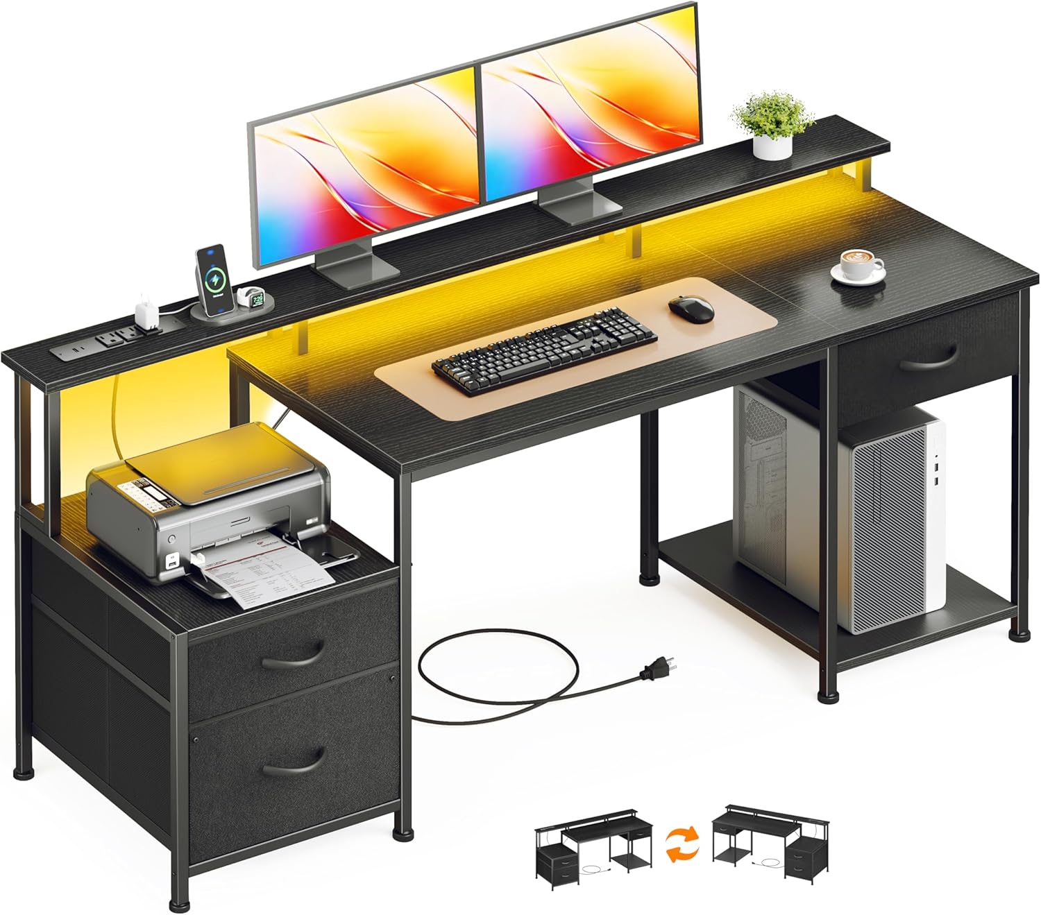 Qwatto 55" Black Computer Desk with 3 Adjustable Drawers and Monitor Stands Home Office Writing Workstation Gaming Table with Multi Storage Shelving