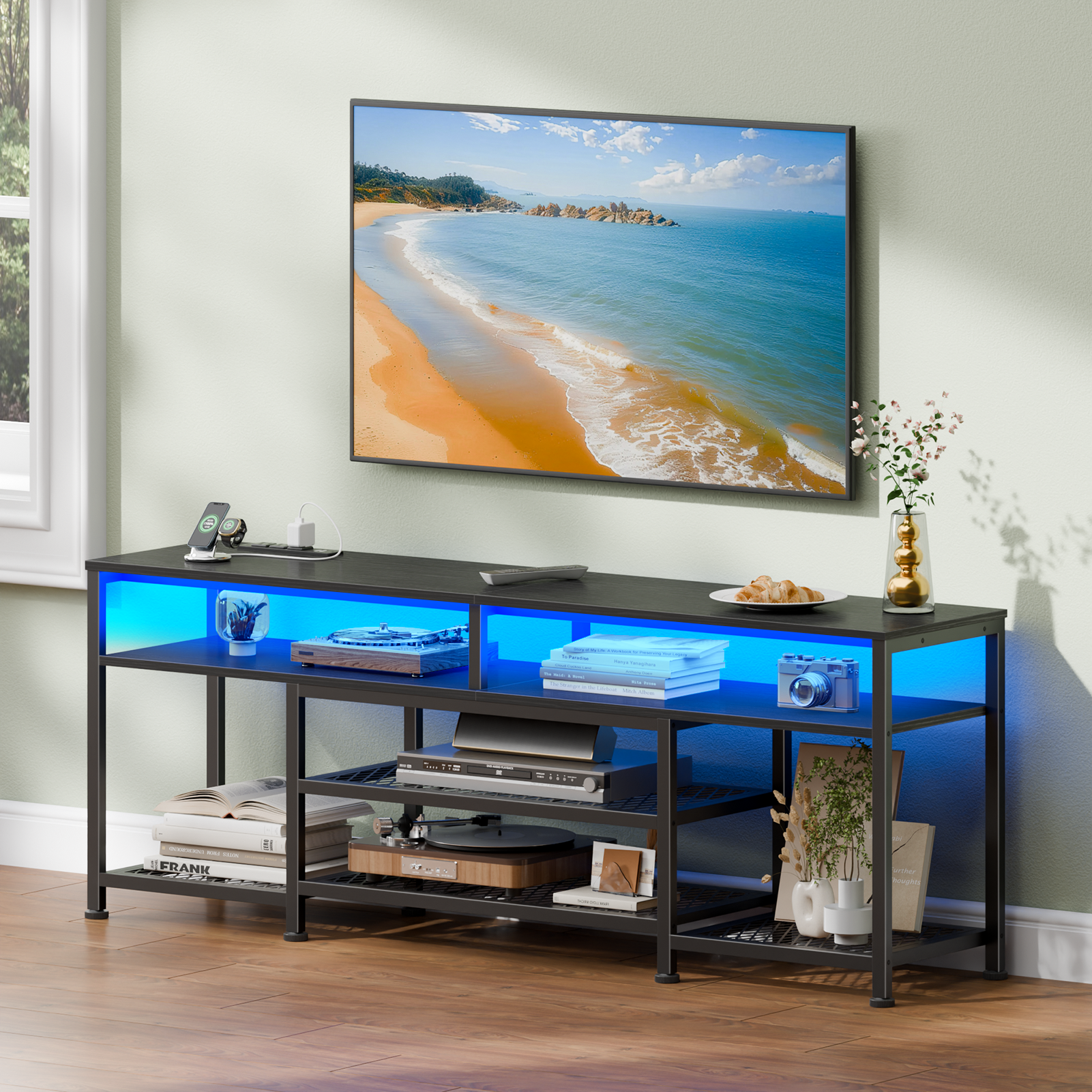 Qwatto 63 Inch Black TV Stand with Charging Station LED Lights Entertainment Center for TVs up to 70 Inch Media Console Storage Shelves Living Room