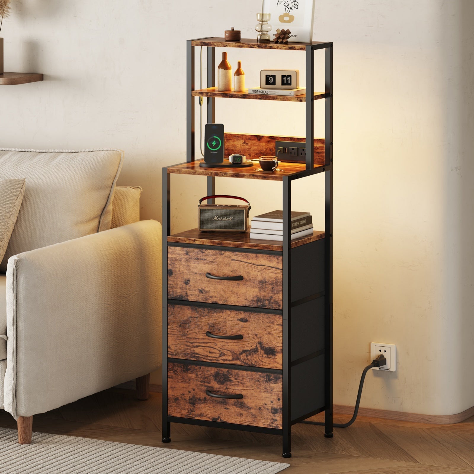Furnulem Night Stand, Tall Nightstand with 4-Tier Shelves and 3 Fabric Drawers