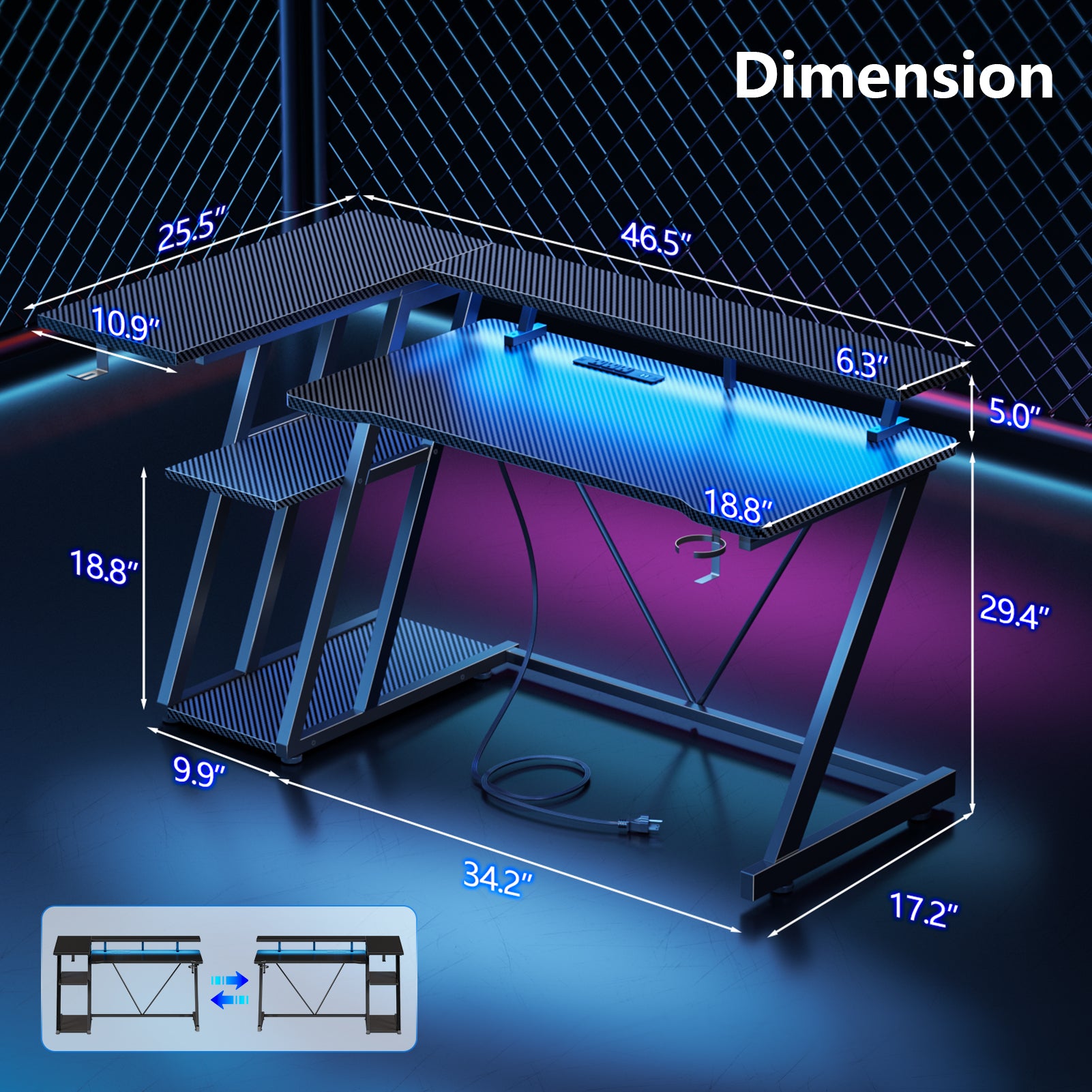 47 inch Black Gaming Desk L Shaped Corner Computer Table with Monitor Stand 3 Tier Storage Shelves Gamer Desk Office Space Saving Workstation for PC