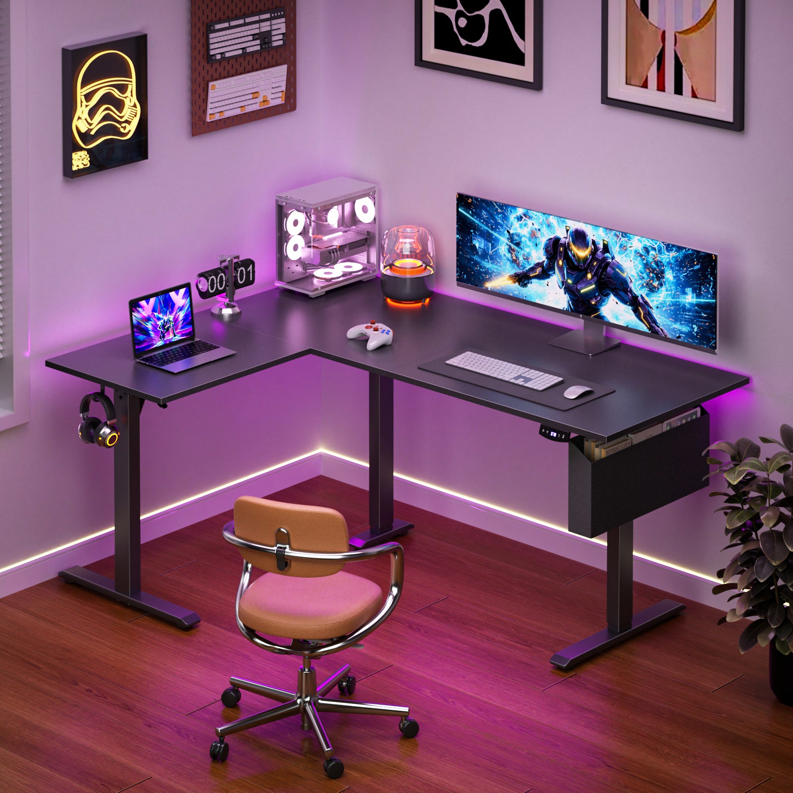 63 Inch L Shaped Electric Standing Desk Sit to Stand Reversible Corner Desk Adjustable Height Computer Table Memory Presets Home Office Gaming Black