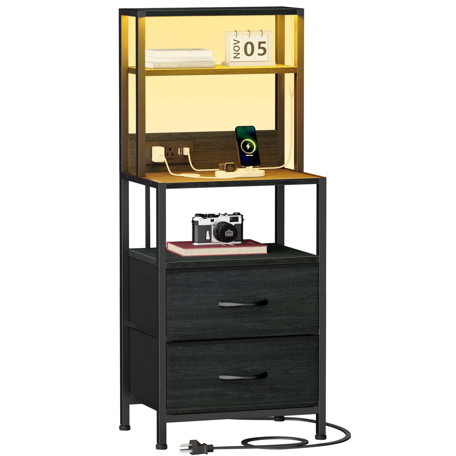 Furnulem Tall Nightstand with Light Tube and Charging Station