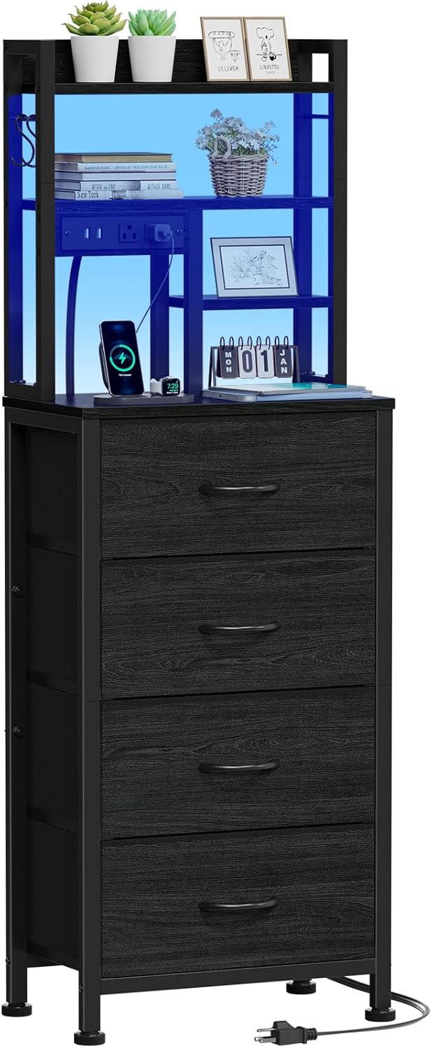 Qwatto Bedside Table with Charging Station and USB Port 4 Drawer Tall Nightstand with Shelves for Bedroom Dorm Wood Metal End Table Brown Oak Finish