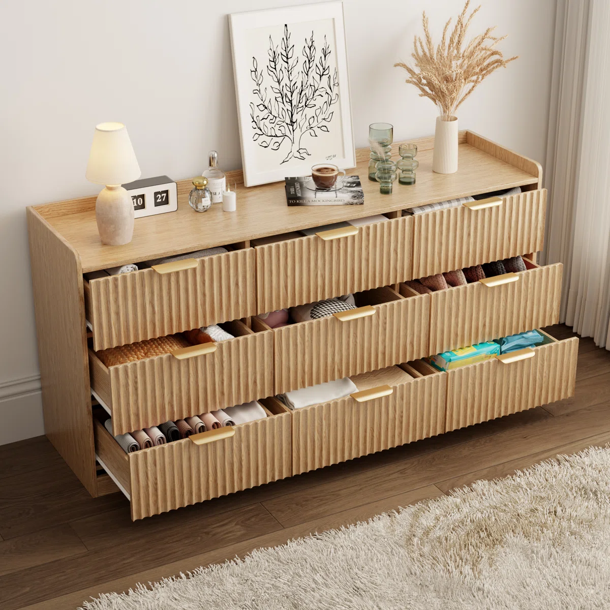 Modern 9 Drawer Dresser Wide Wood Storage Chest of Drawers Bedroom Furniture Nursery Large Clothing Organizer Cabinet Anti Tip Safety