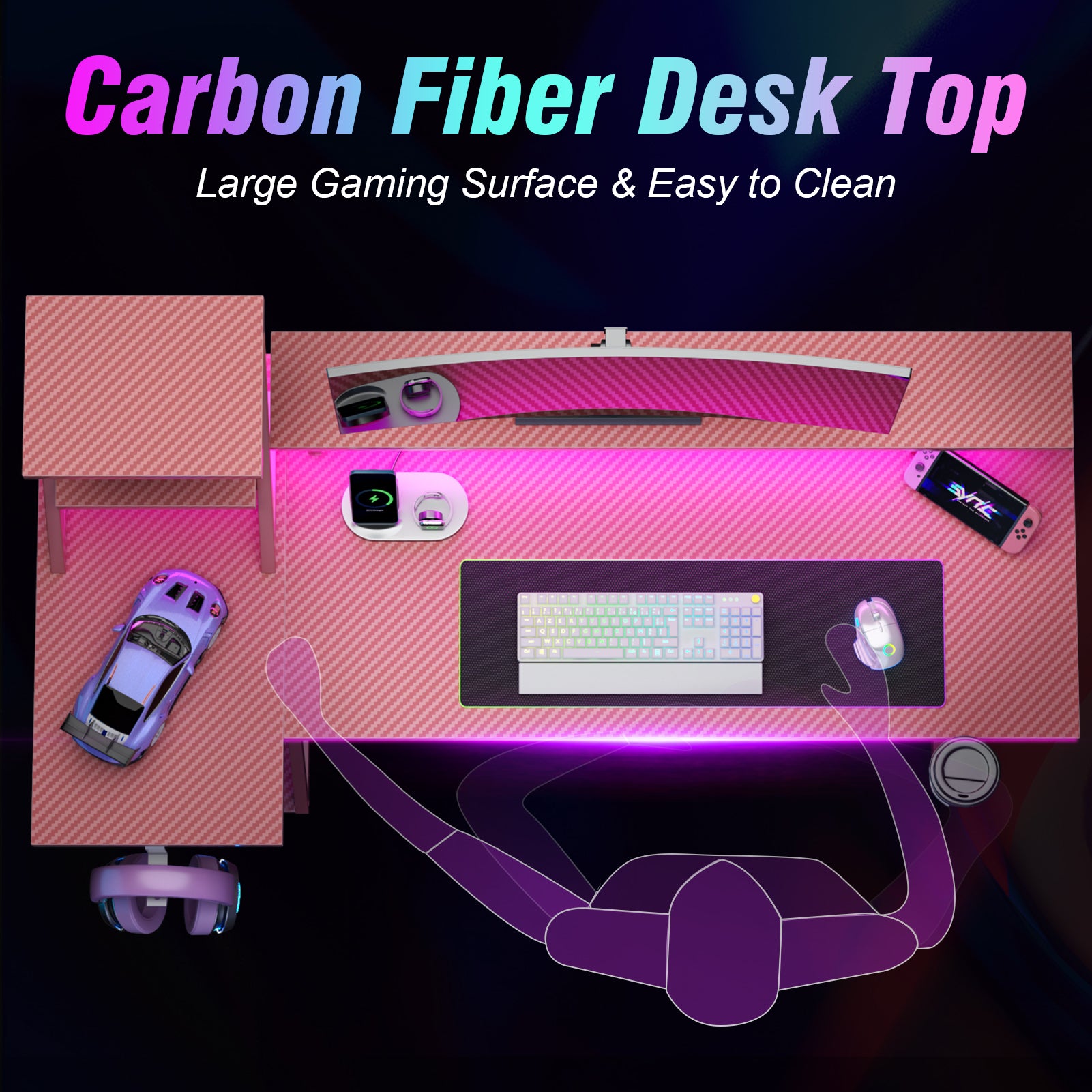 47 inch L Shaped Gaming Desk Pink Small Spaces Corner Computer Table with Monitor Stand Storage Shelves Gamer Desk Carbon Fiber Sturdy PC Room Desk