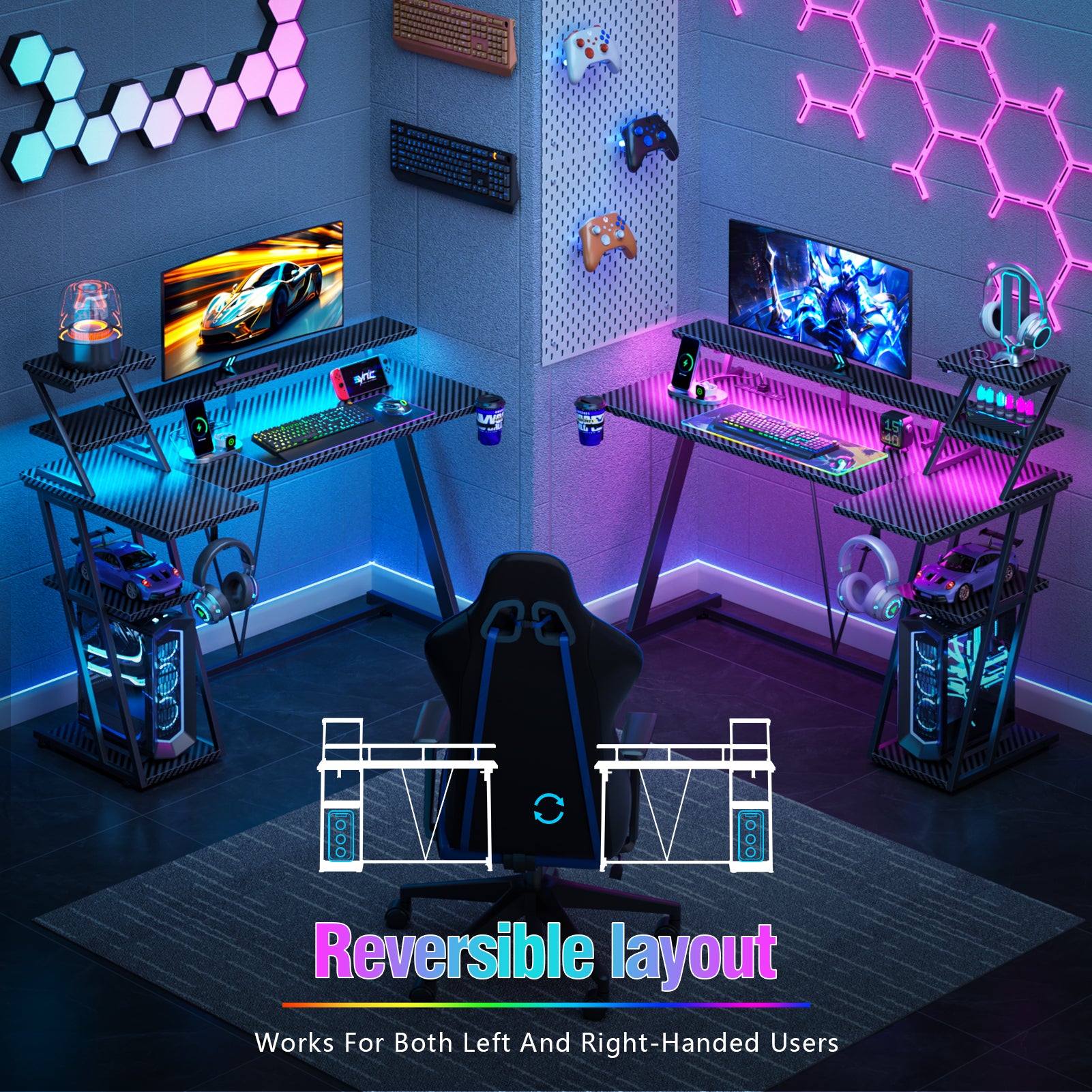 47 inch L Shaped Gaming Desk Black Small Spaces Corner Computer Table with Monitor Stand Storage Shelves Gamer Desk for Home Office PC Setup Station