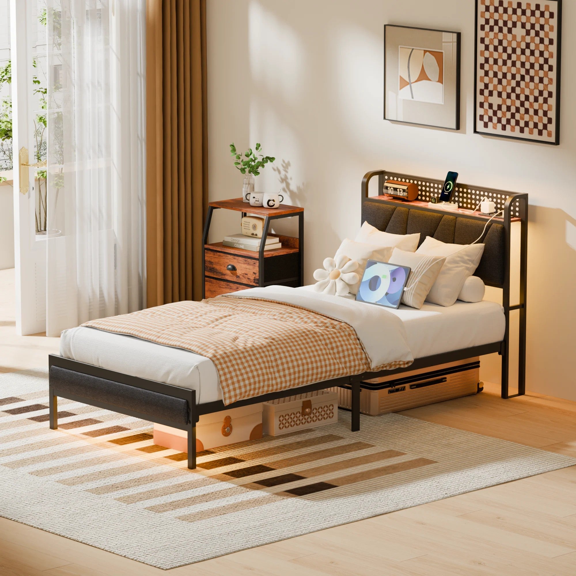 Twin Size Metal Smart Bed Frames with Upholstered Headboard, LED Lights, USB Ports and Outlets, Storage Shelves & Underbed