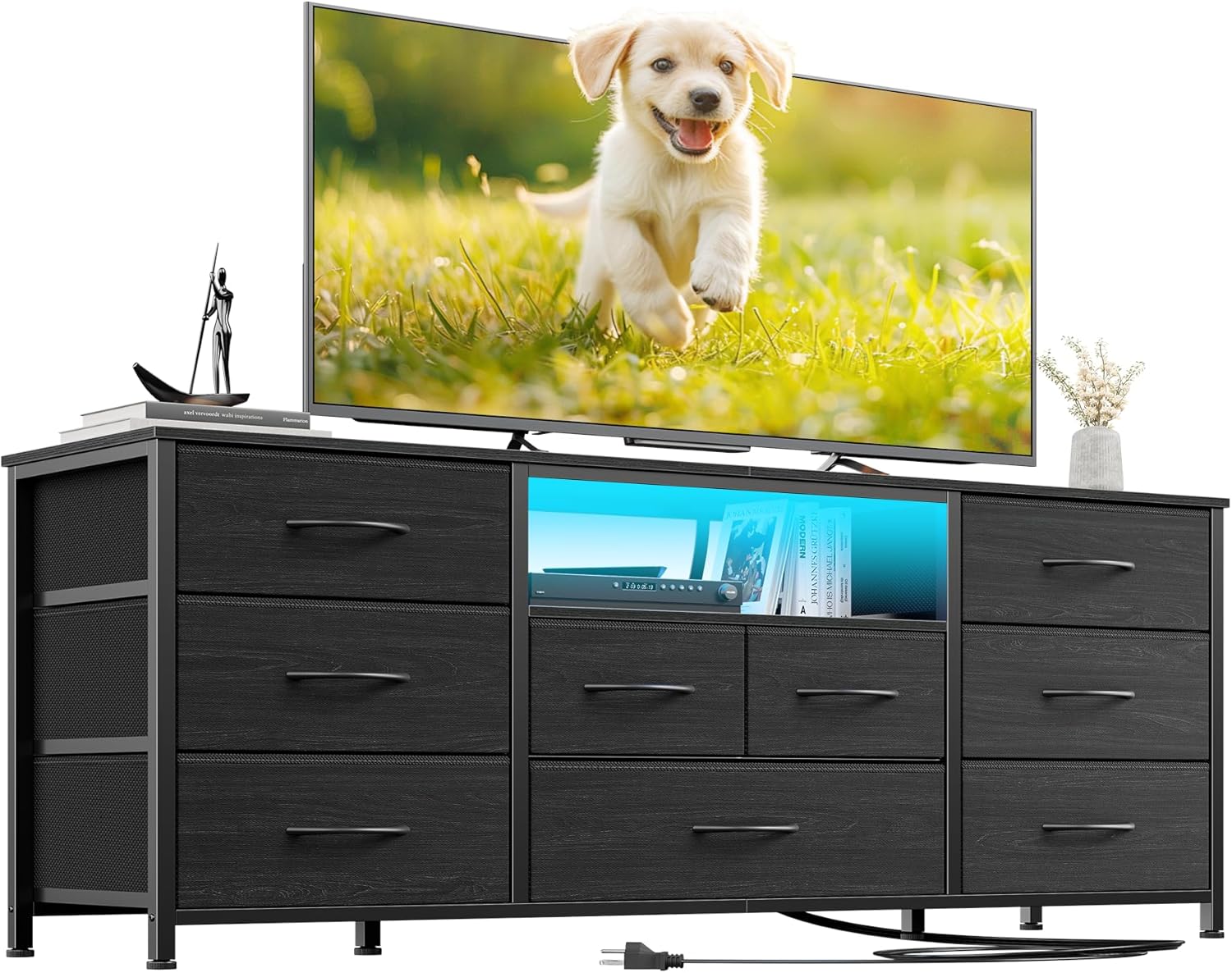 Furnulem 9 Drawer Dresser 55” Long TV Stand for Bedroom Entertainment Center with Power Outlet LED Light for 55"-65" TV Dresser with Fabric Storage